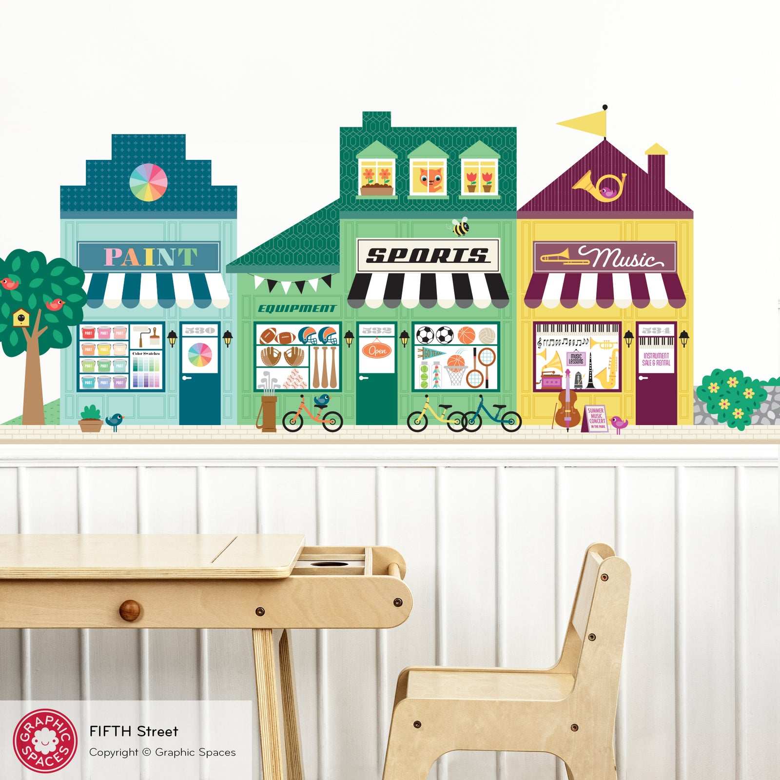 Kids Wall Decal - Happy Town 5th St (Paint Store, Sports Store, Music Shop) - Graphic Spaces