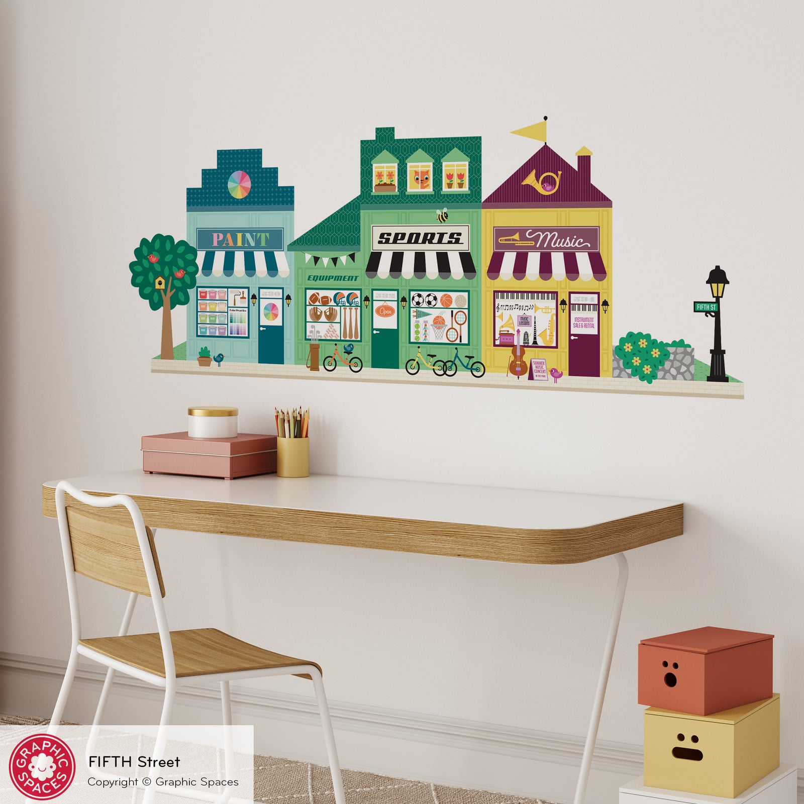 Kids Wall Decal - Happy Town 5th St (Paint Store, Sports Store, Music Shop) - Graphic Spaces