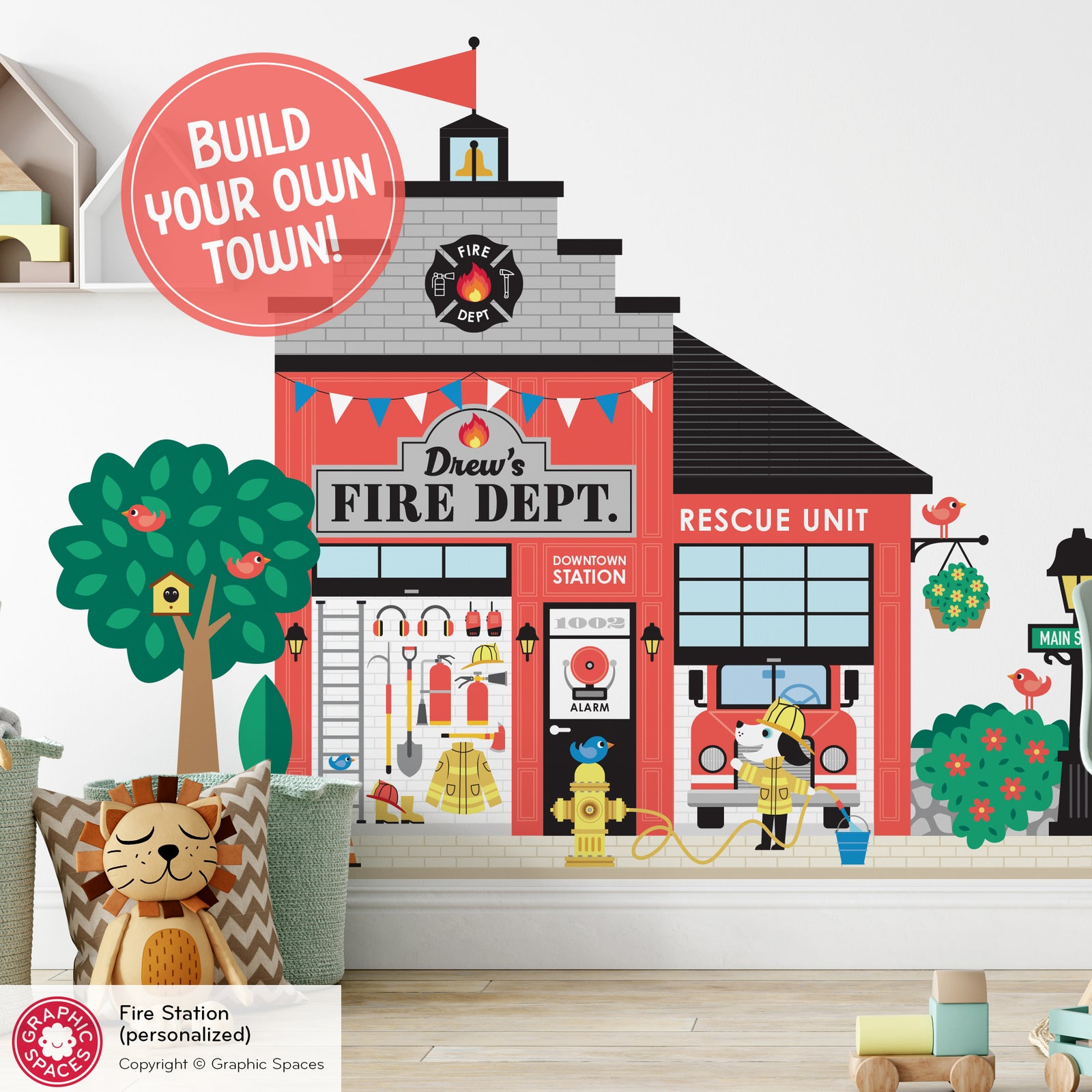 Kids Wall Decal - Happy Town Fire Station (Personalized) Graphic Spaces