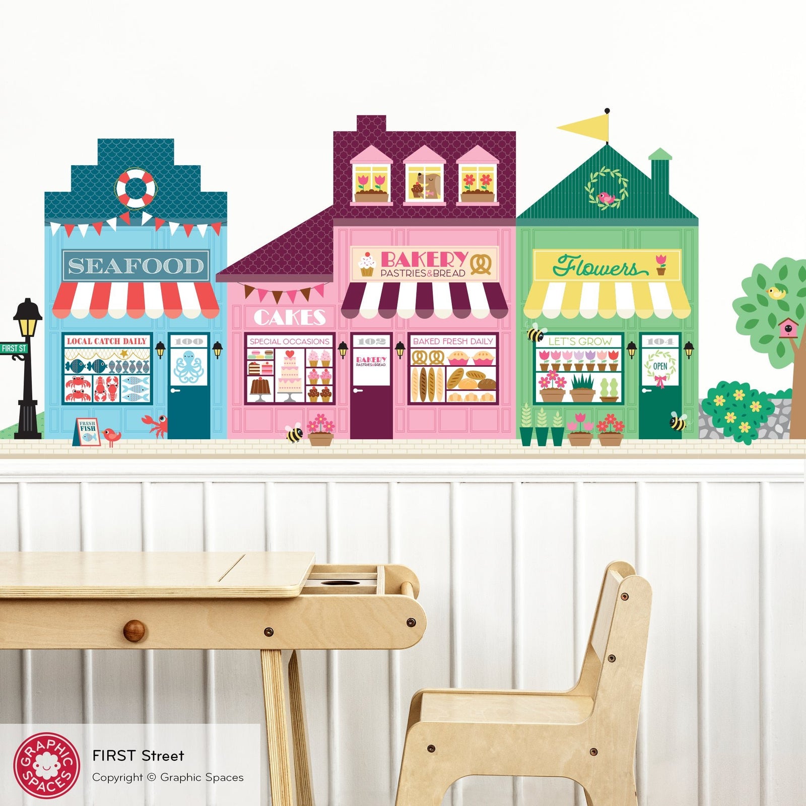 Kids Wall Decal - Happy Town 1st St (Seafood Market, Bakery, Flower Shop) - Graphic Spaces
