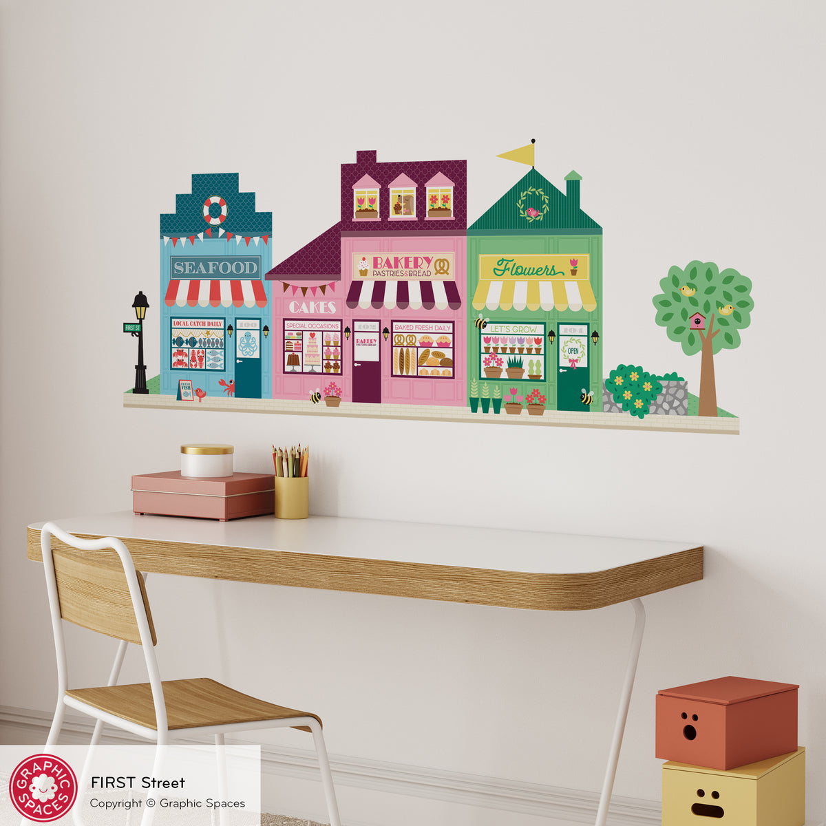 Happy Town Fabric Wall Decals - First Street (Seafood Market, Bakery, Flower Shop)