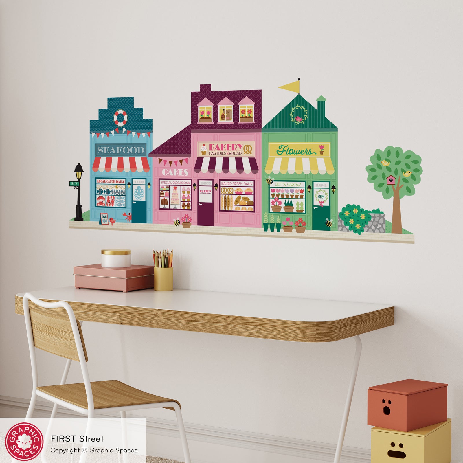 Kids Wall Decal - Happy Town 1st St (Seafood Market, Bakery, Flower Shop) - Graphic Spaces