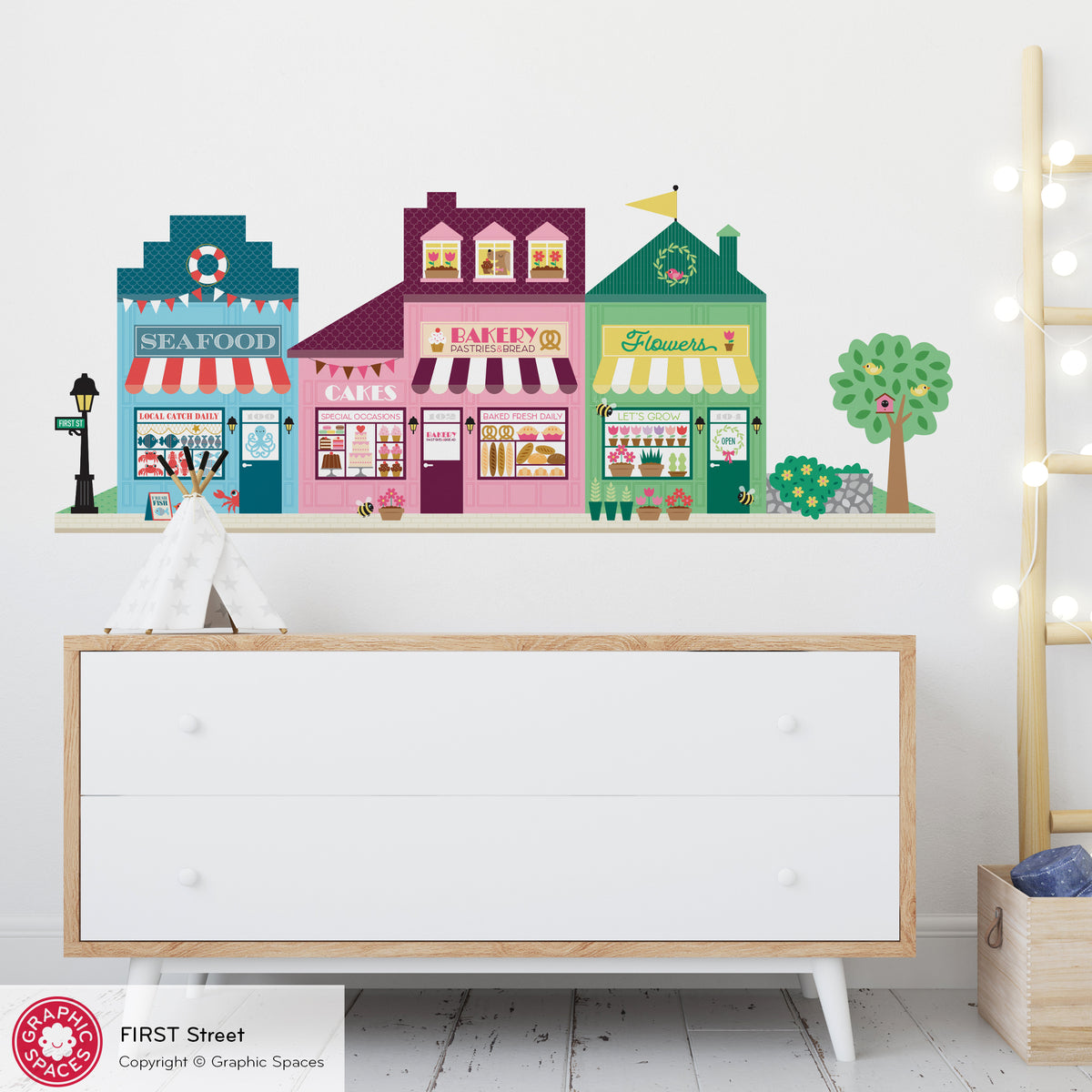 Happy Town Fabric Wall Decals - First Street (Seafood Market, Bakery, Flower Shop)