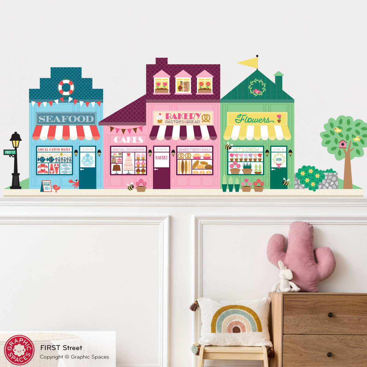 Happy Town Fabric Wall Decals - First Street (Seafood Market, Bakery, Flower Shop)