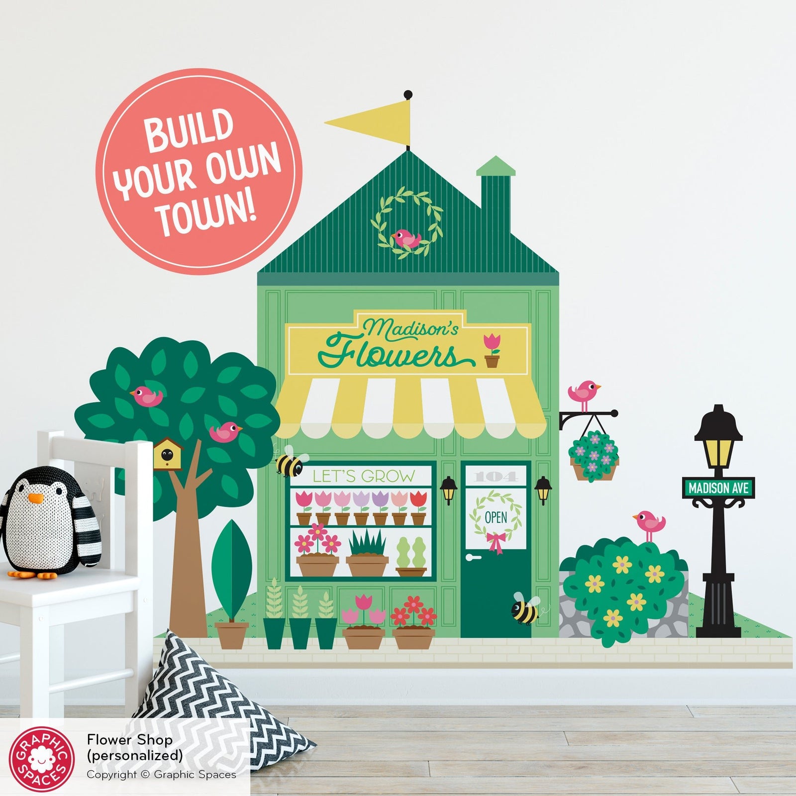 Kids Wall Decal - Happy Town Flower Shop (Personalized) - Graphic Spaces