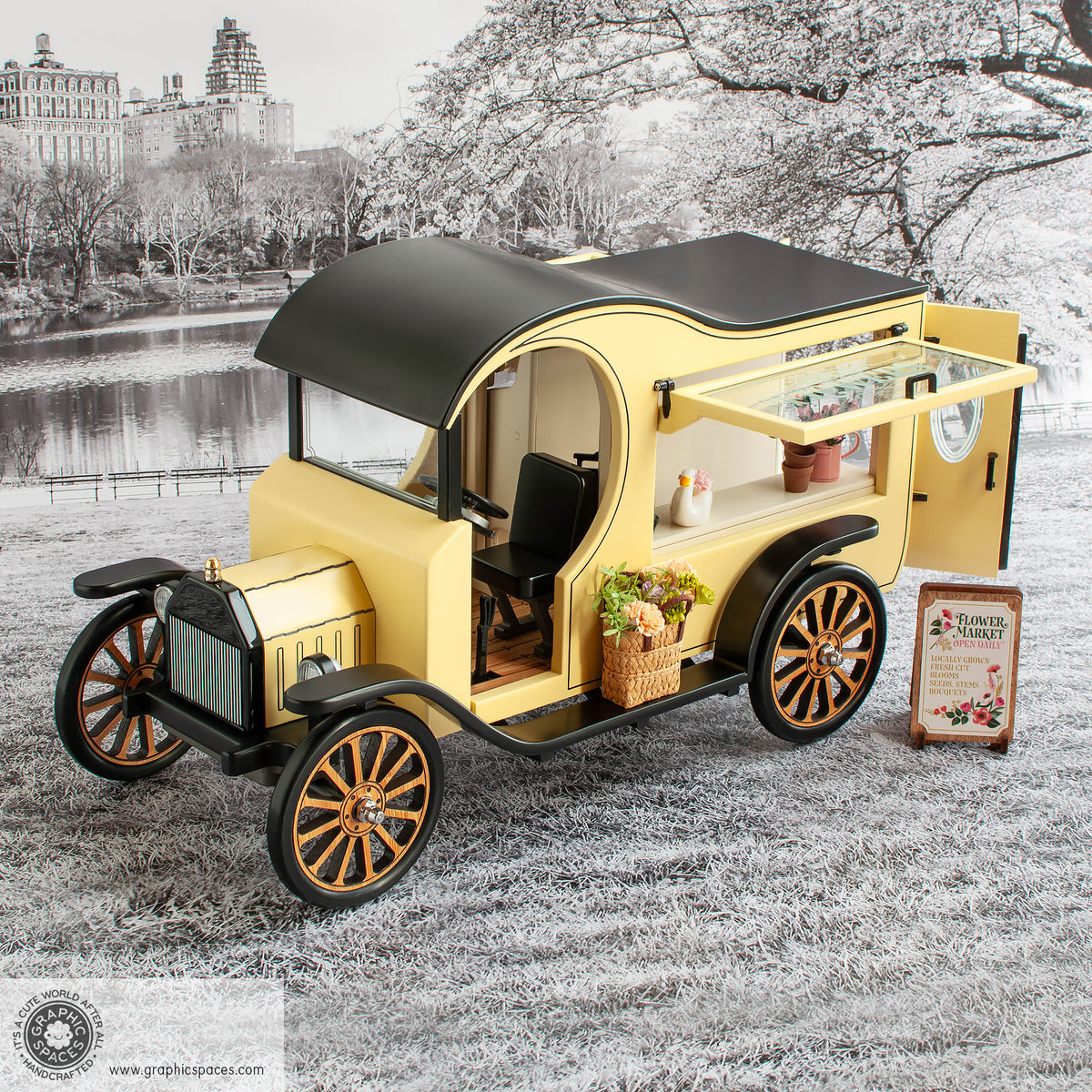 1:12 Scale Room Box Yellow Flower Shop Truck Model T C Cab. Driver side overhead angle view. Window and doors open.
