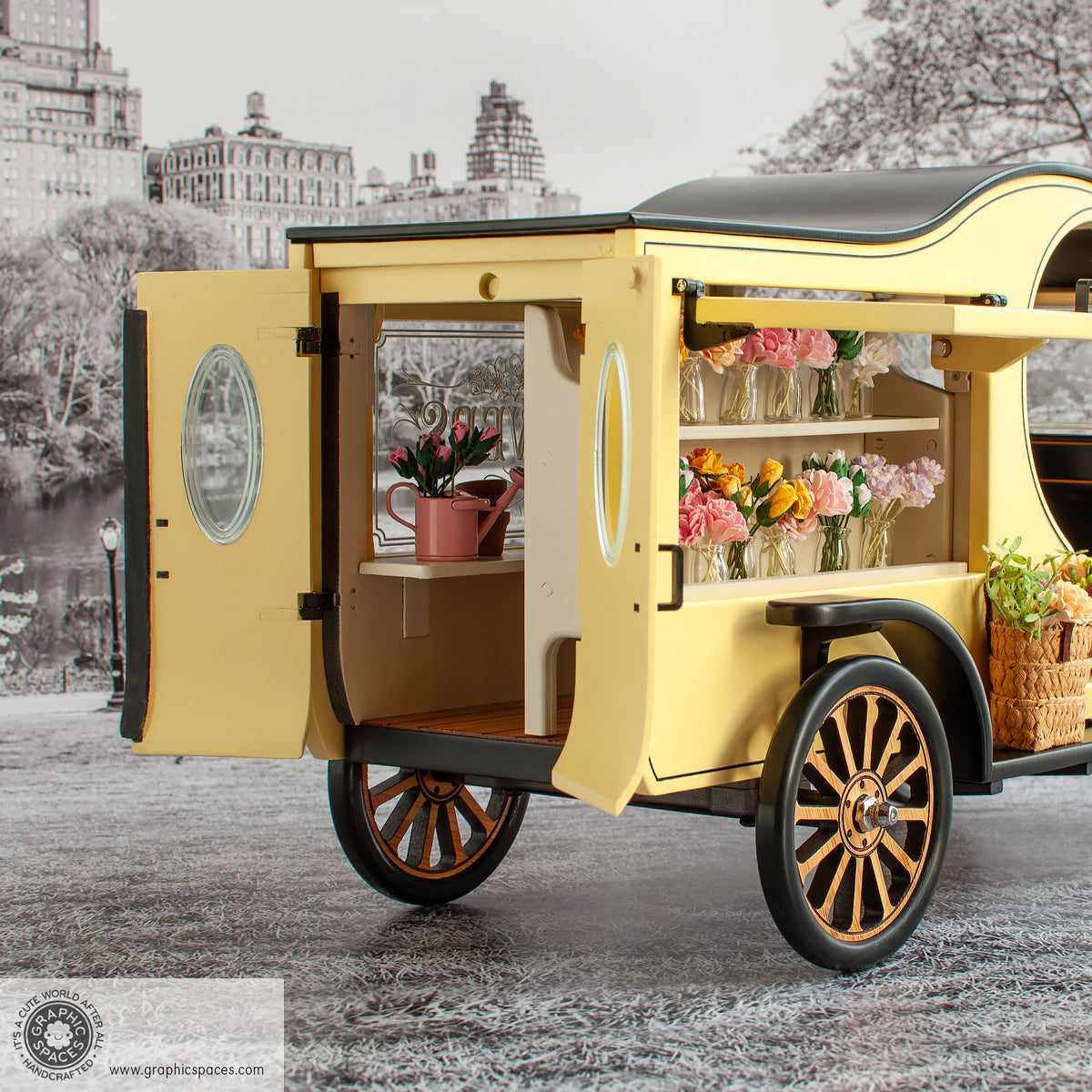 1:12 Scale Room Box Yellow Flower Shop Truck Model T C Cab. Rear view open doors. Partial Counter and Shelves displayed.