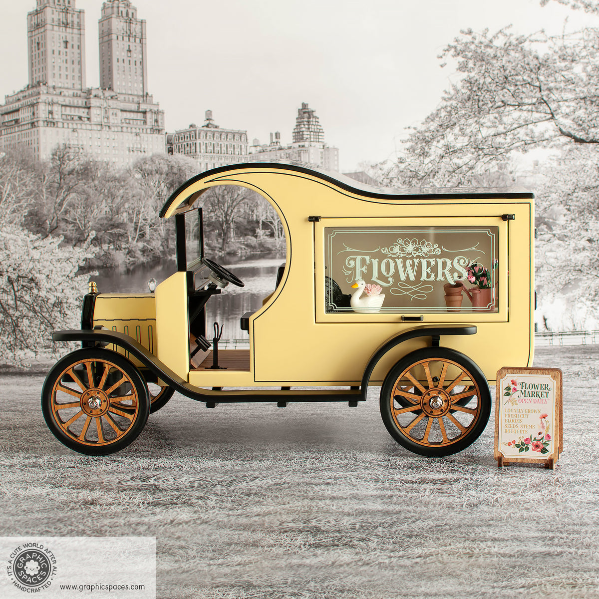 1:12 Scale Room Box Yellow Flower Shop Truck Model T C cab. Driver side view. Counter display with window closed.  