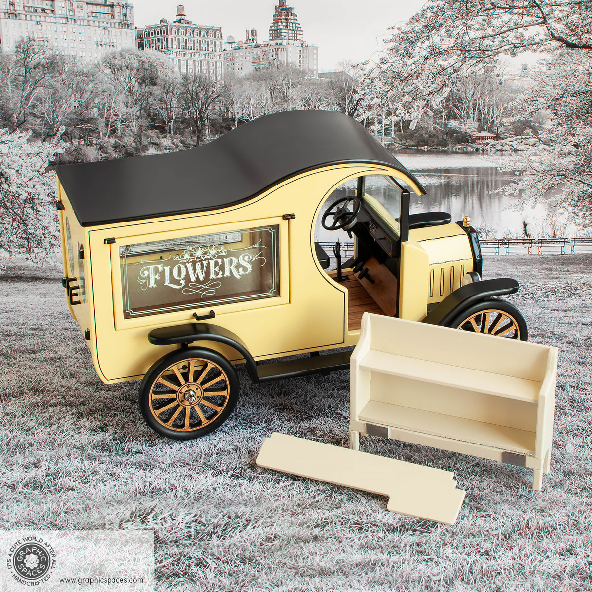 1:12 Scale Room Box Yellow Flower Shop Truck Model T C Cab. Passenger side view showing Counter and Shelf options. 