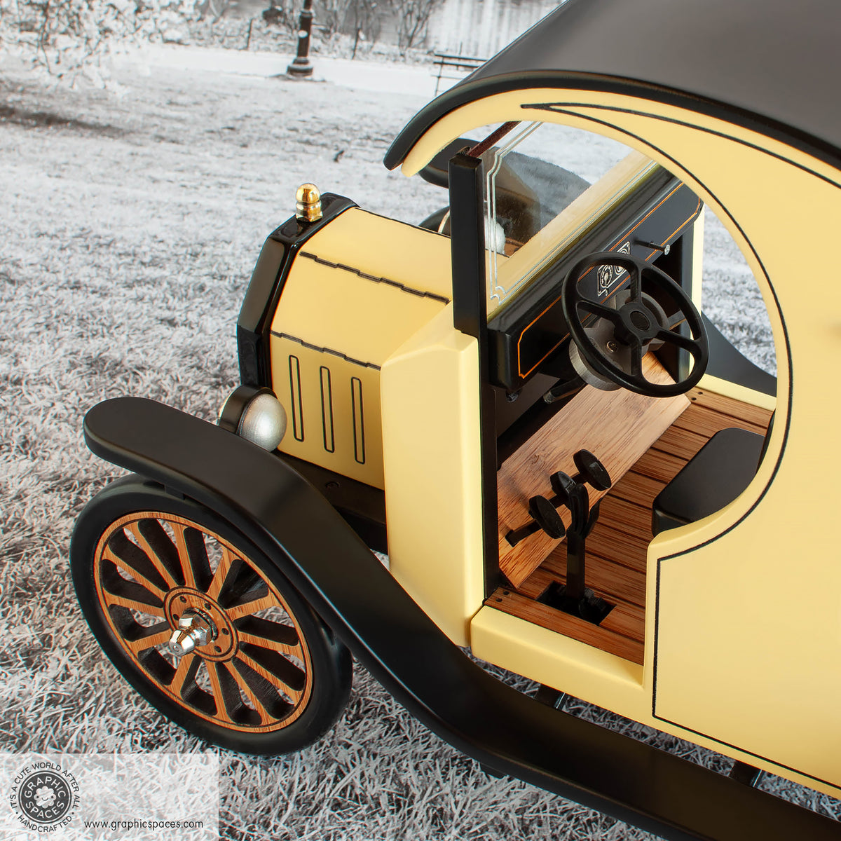 1:12 Scale Room Box Yellow Flower Shop Truck Model T C Cab. Interior driver side view detailing dash, floor, steering wheel.