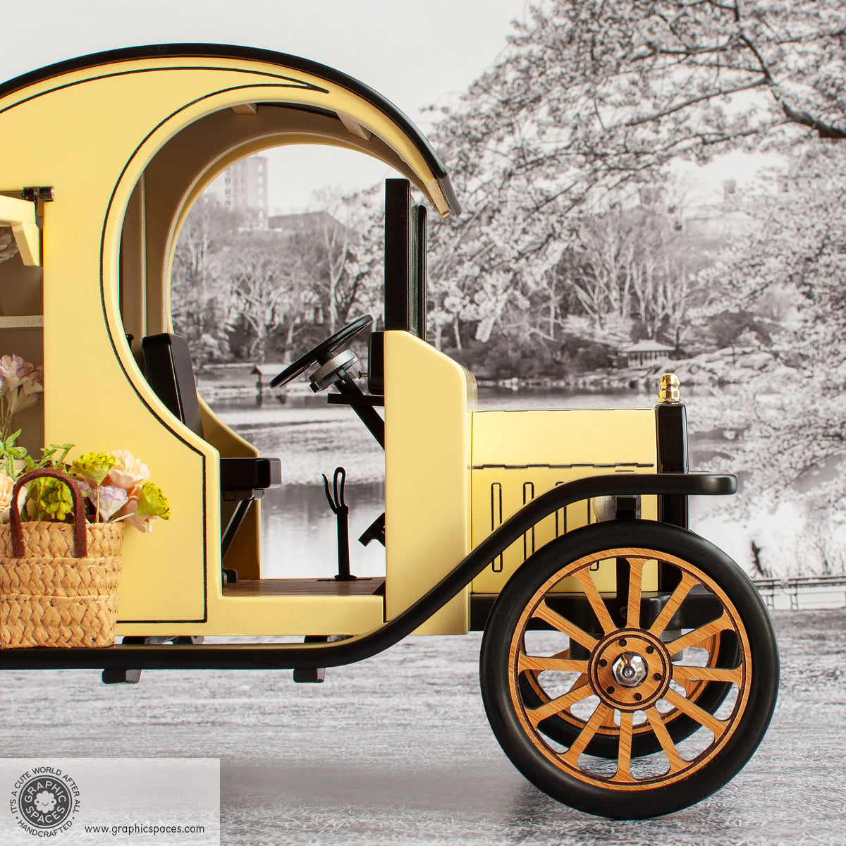 1:12 Scale Room Box Yellow Flower Shop Truck Model T C Cab. Passenger front side view with seat, brake and steering wheel.