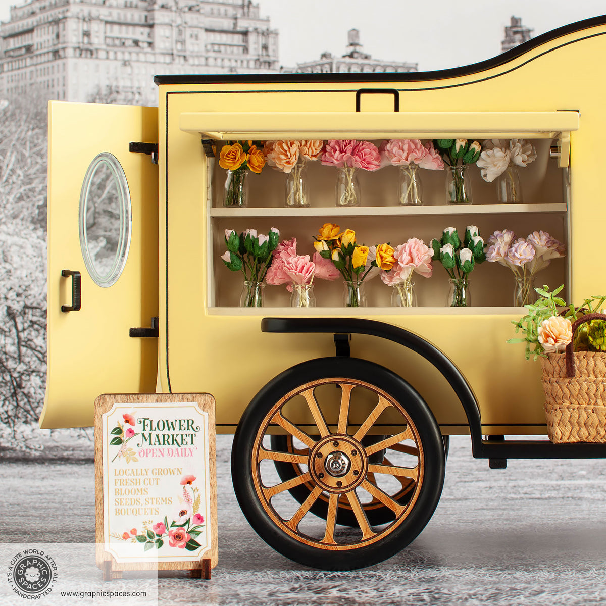 1:12 Scale Room Box Yellow Flower Shop Truck Model T C Cab. Detailed side view with window and rear doors open.