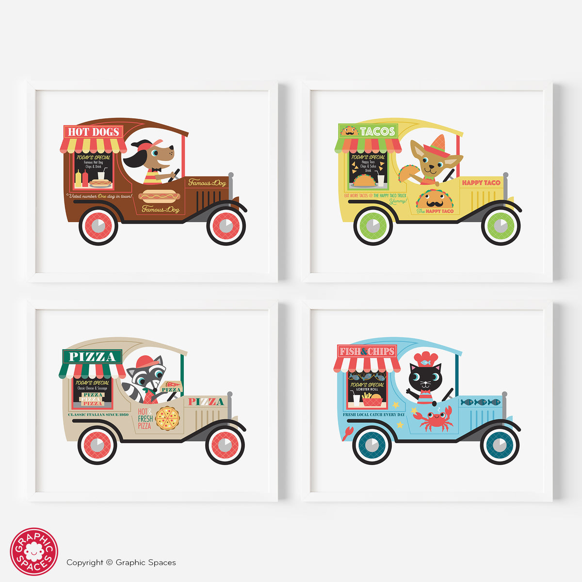 Food trucks nursery art print. Set of four.