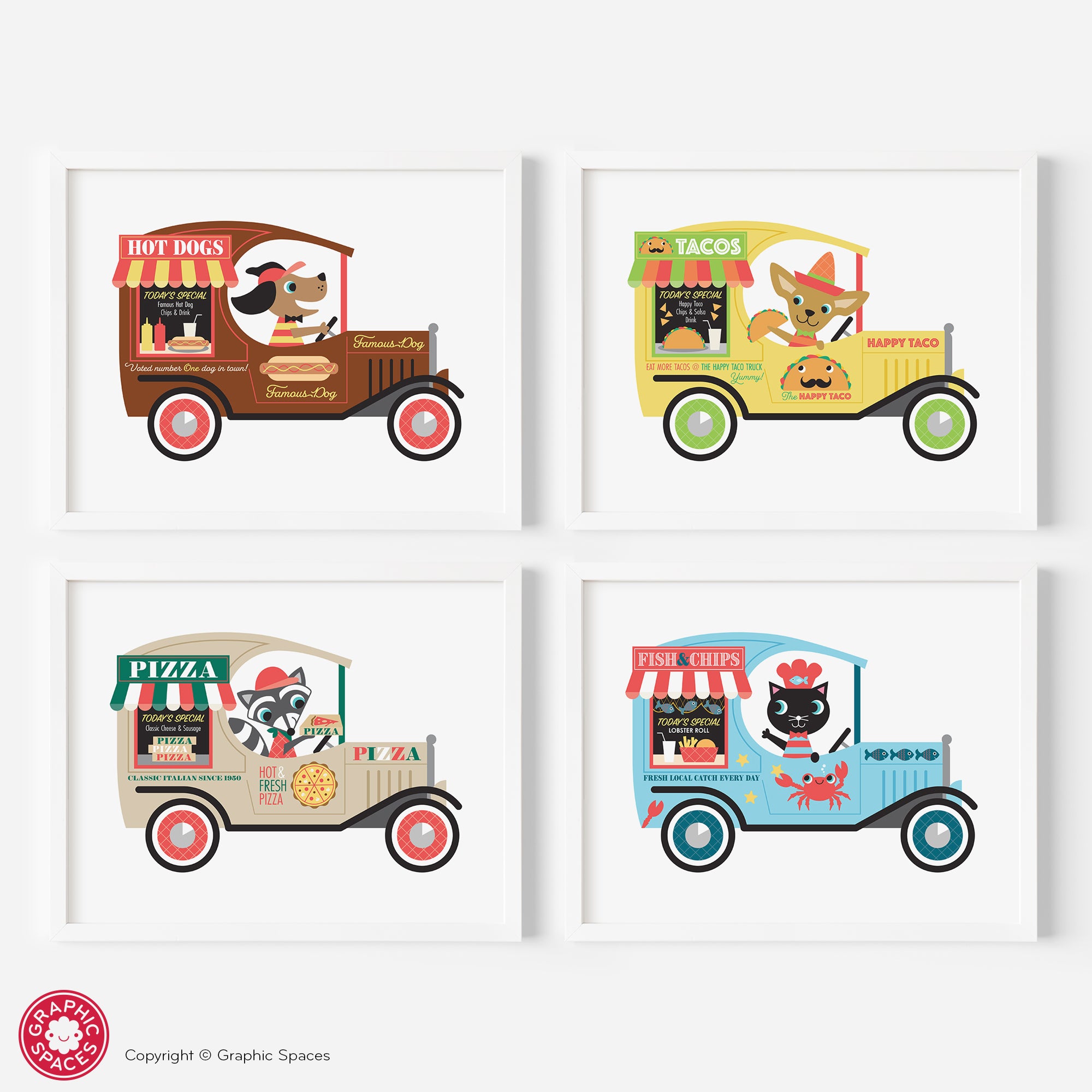 Food trucks nursery art print. Set of four.