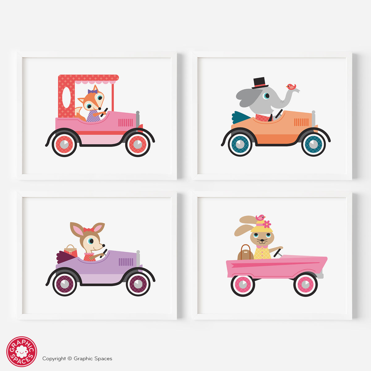 Animals in Cars Art Prints - Set of 4