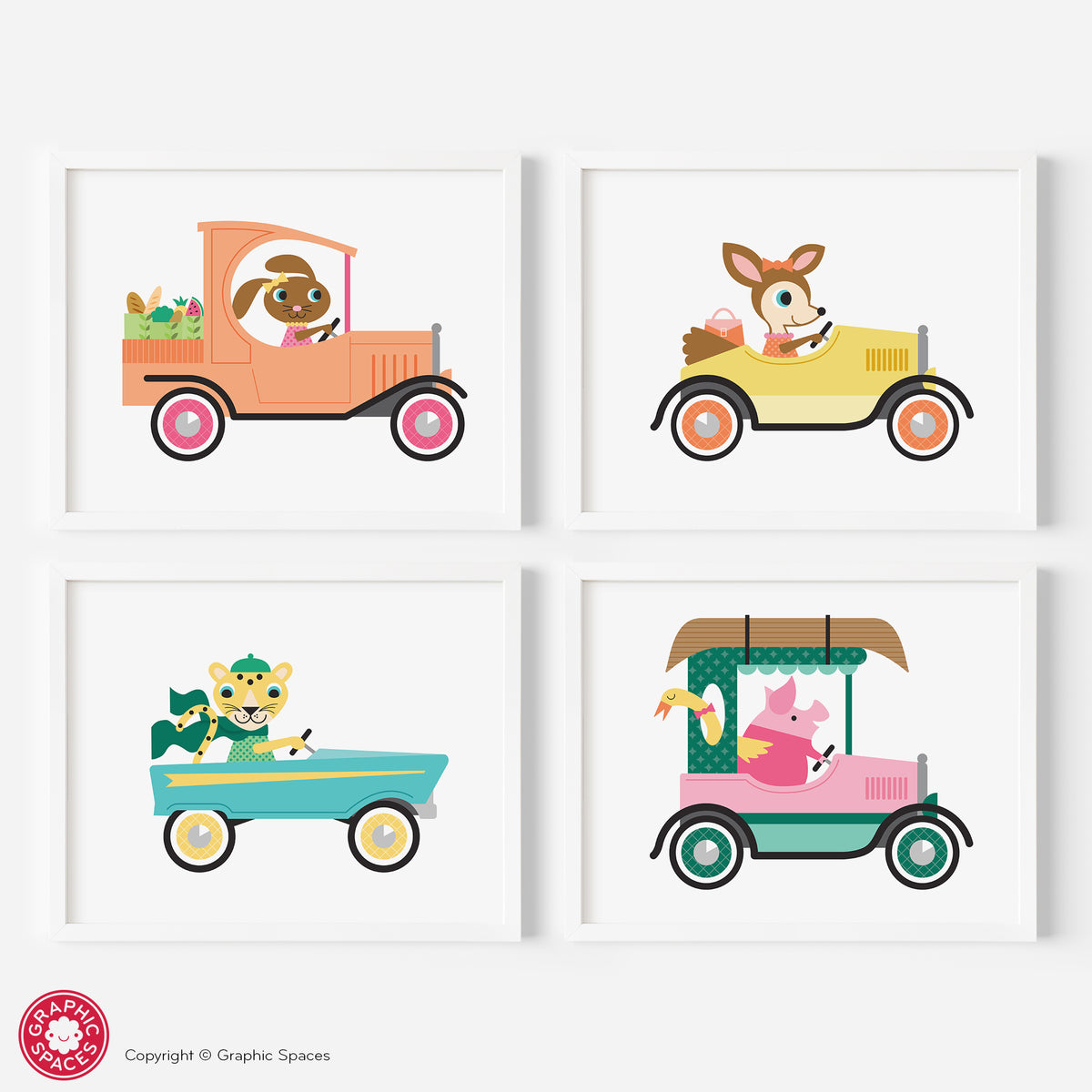Car nursery art prints, animals.