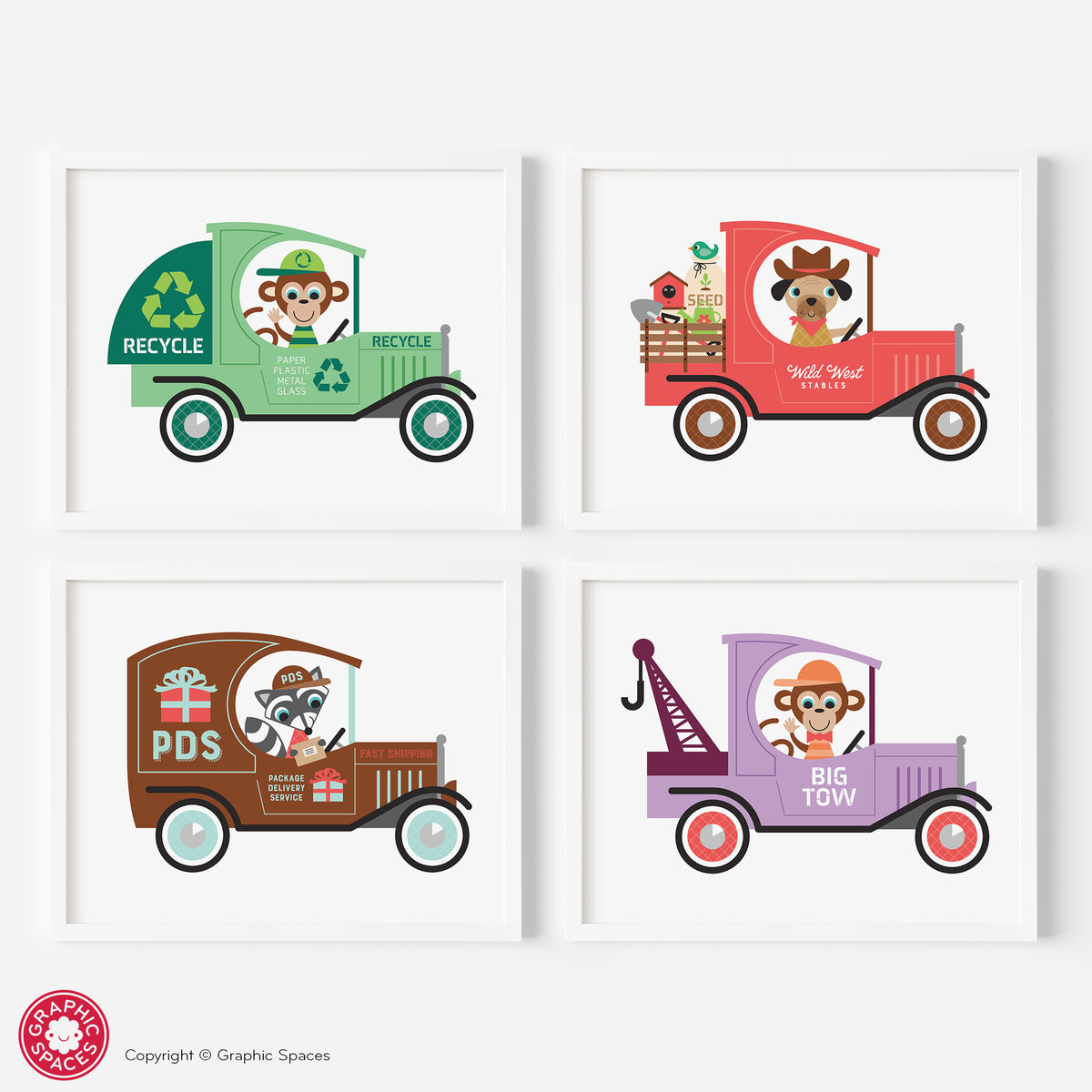 Animals in Trucks Art Prints - Set of 4