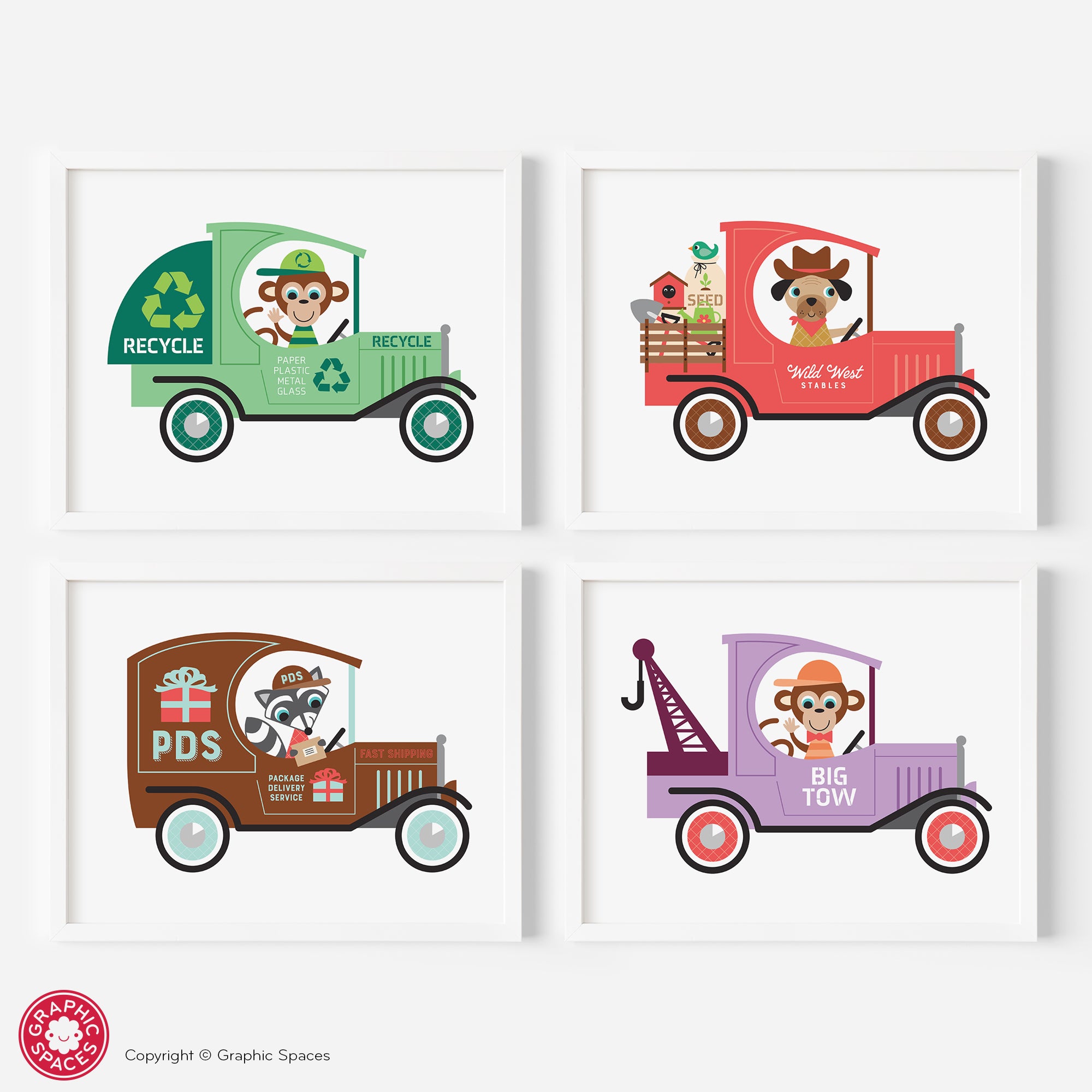 Truck nursery art prints, animals.