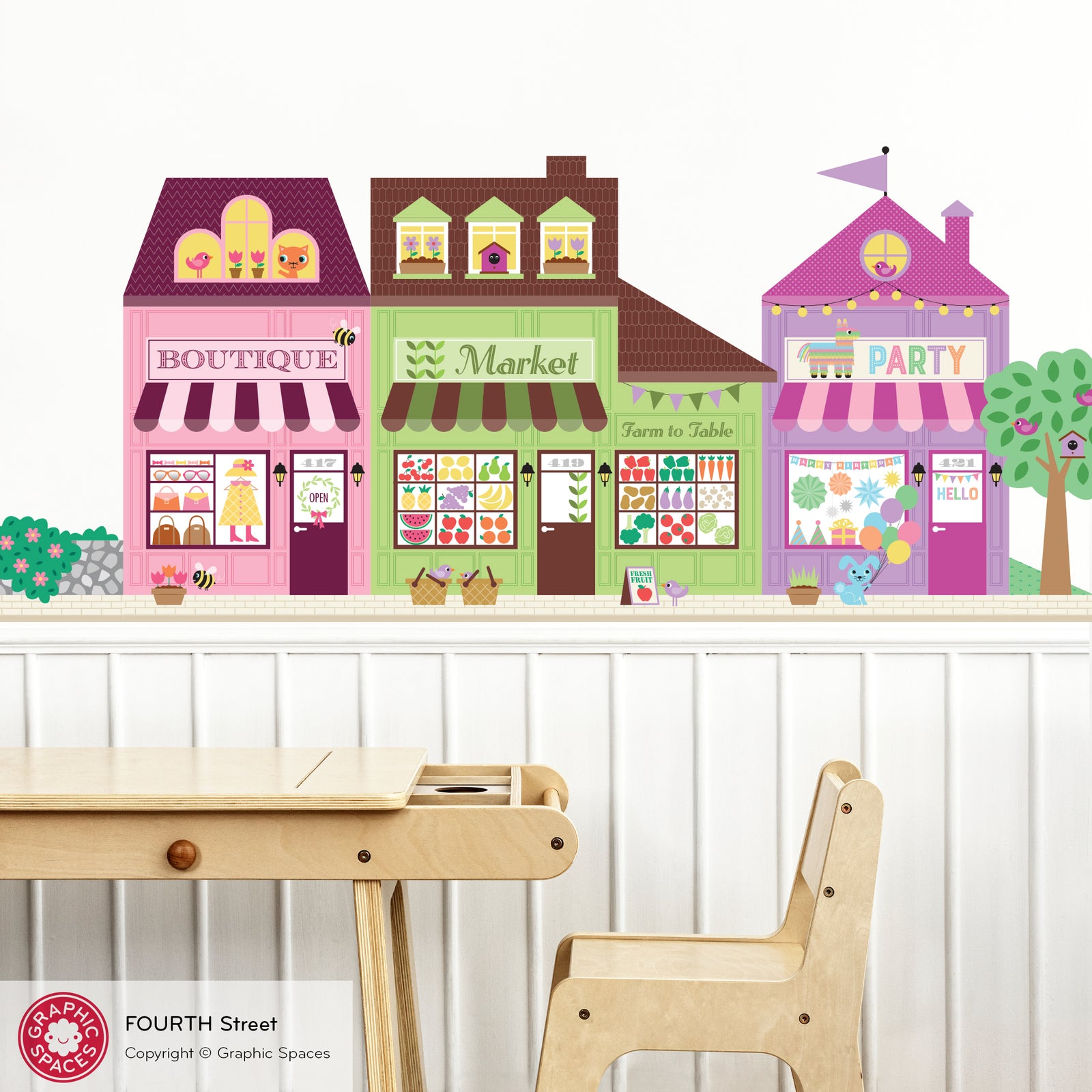 Kids Wall Decal - Happy Town 4th St (Boutique, Grocery Store Market, Party Shop) - Graphic Spaces