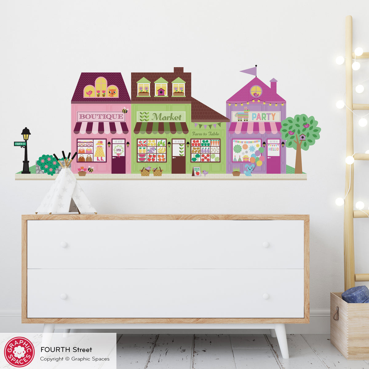 Happy Town Fabric Wall Decals - Fourth Street (Boutique, Food Market, Party Shop)