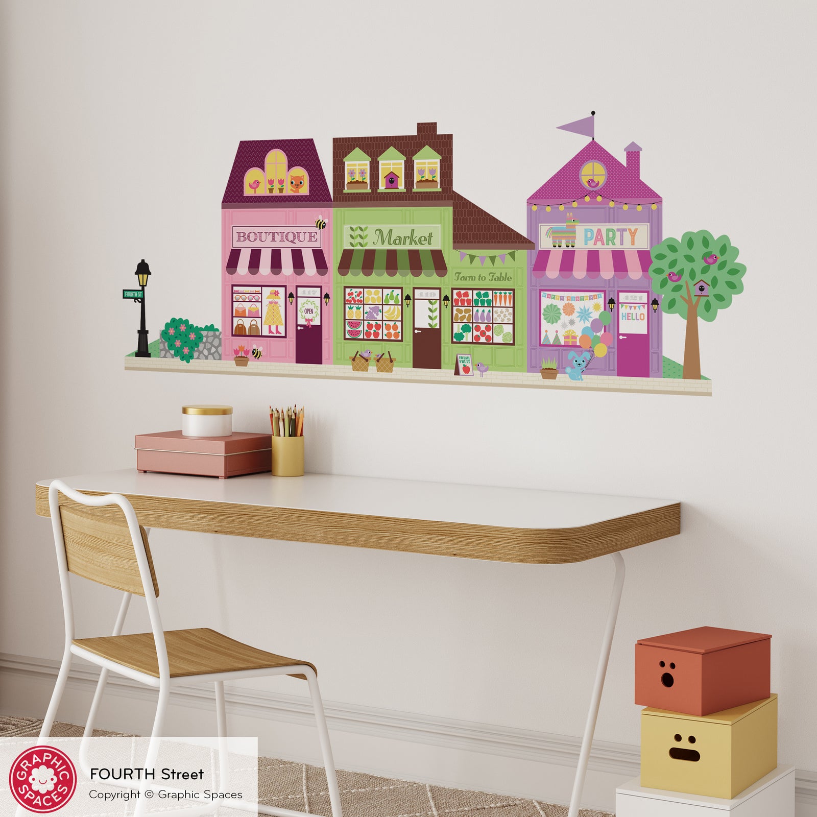 Kids Wall Decal - Happy Town 4th St (Boutique, Grocery Store Market, Party Shop) - Graphic Spaces