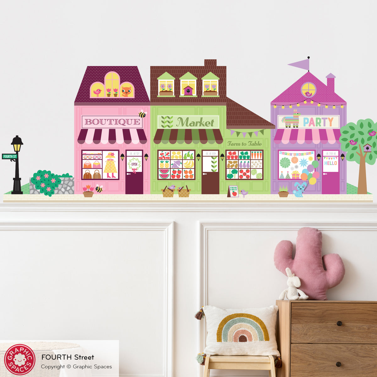 Happy Town Fabric Wall Decals - Fourth Street (Boutique, Food Market, Party Shop)