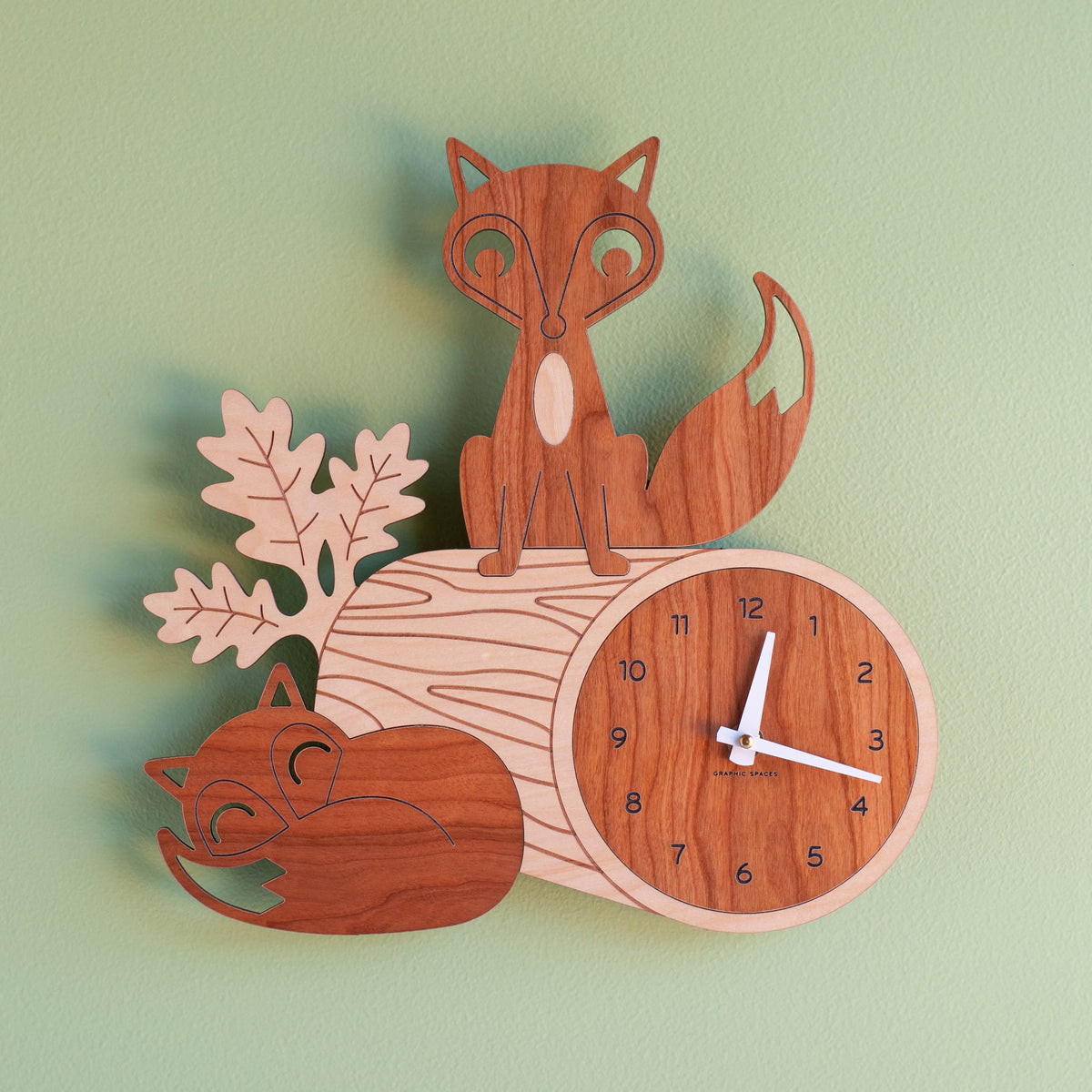 Wooden Fox Nursery Wall Clock, White Hands.