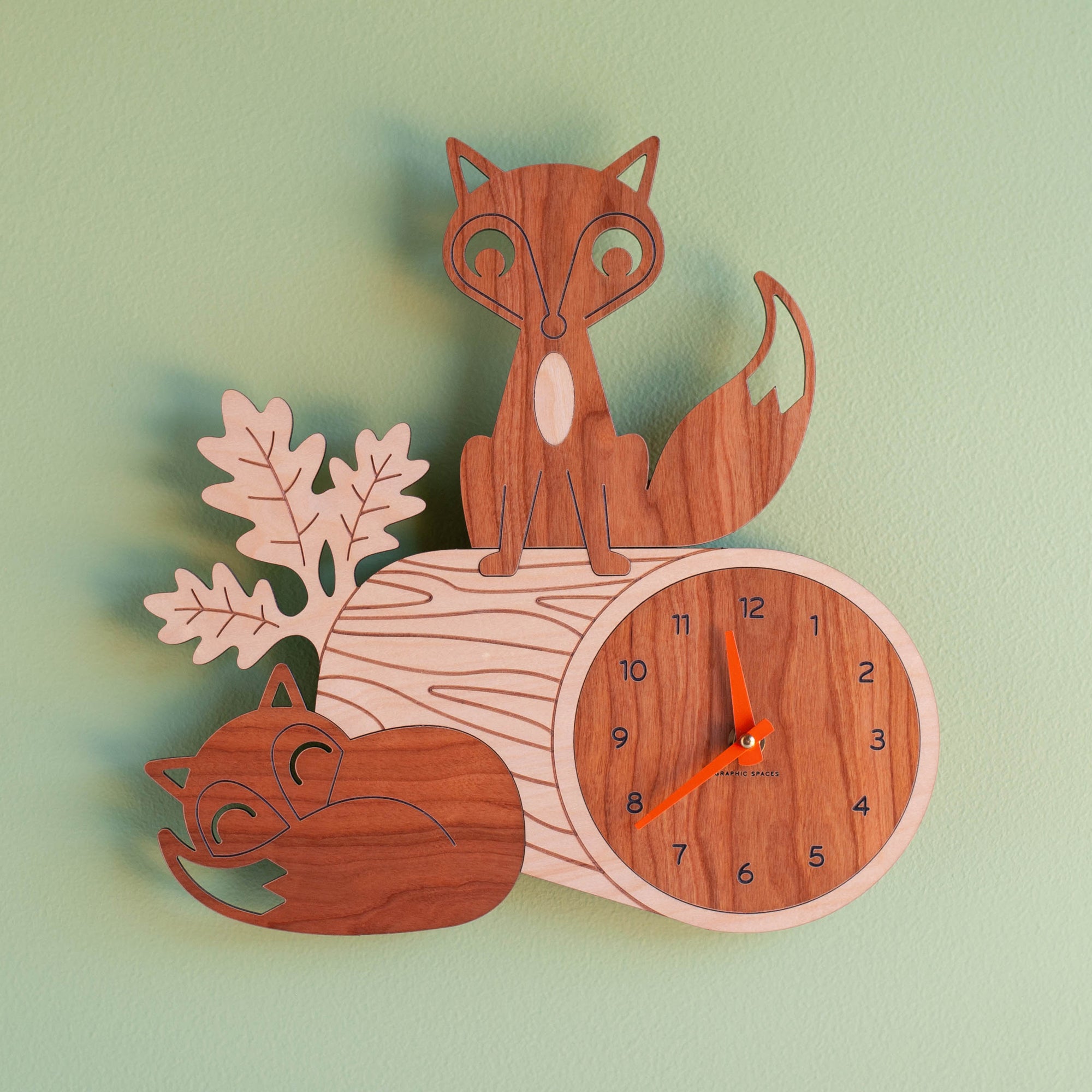 Wooden Fox Nursery Wall Clock, White Hands.