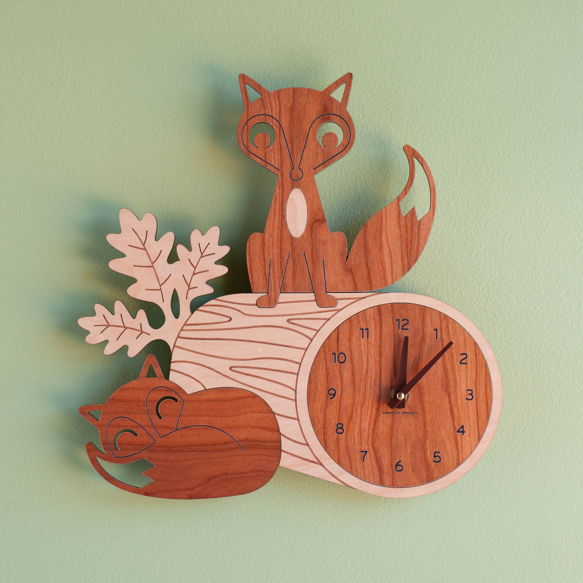 Wooden Fox Nursery Wall Clock, Chocolate Hands.