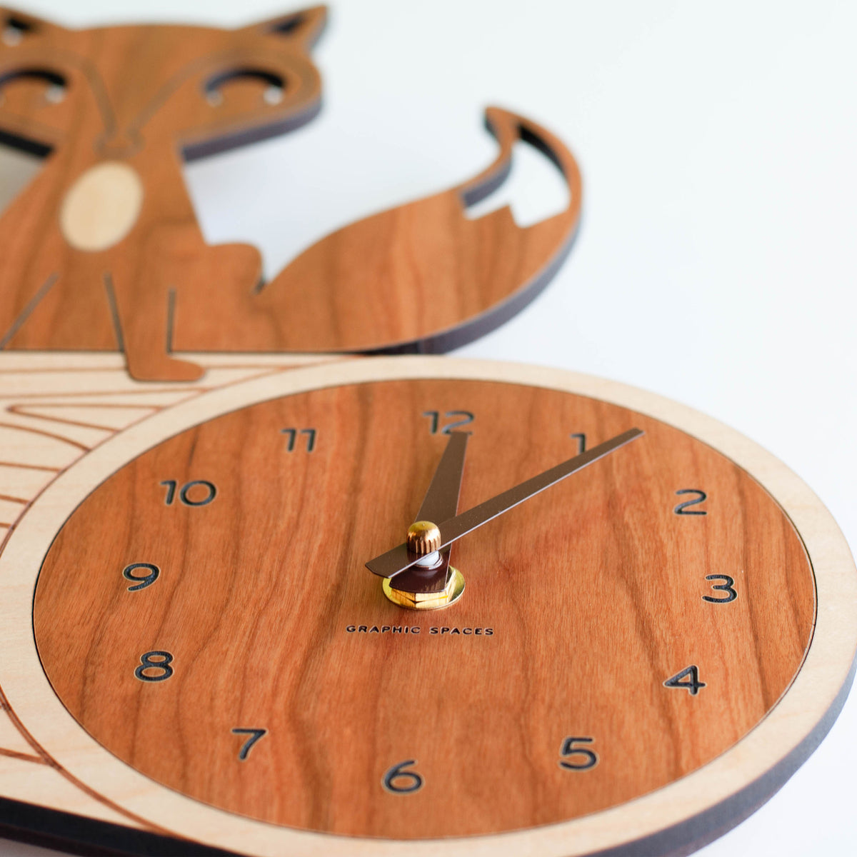 Wooden Fox Nursery Wall Clock, Chocolate Hands.