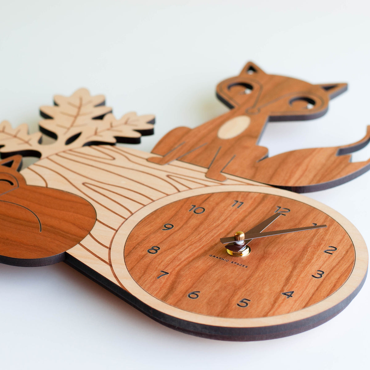 Wooden Fox Nursery Wall Clock, Chocolate Hands.