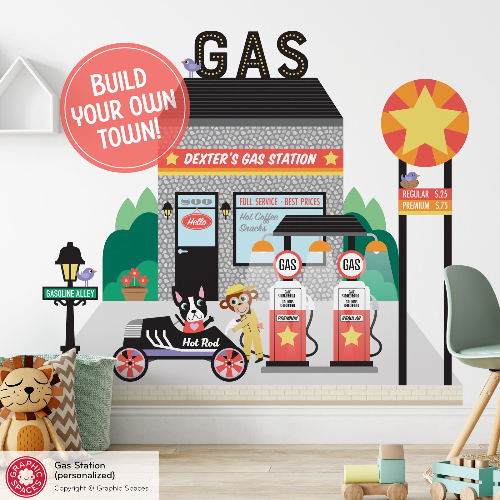 Kids Wall Decal - Happy Town Gas Station (Personalized) - Graphic Spaces