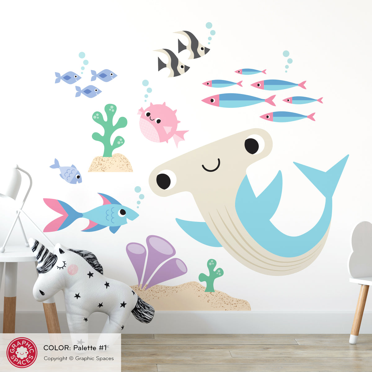 Hammerhead Shark &amp; Ocean Friends Fabric Wall Decal