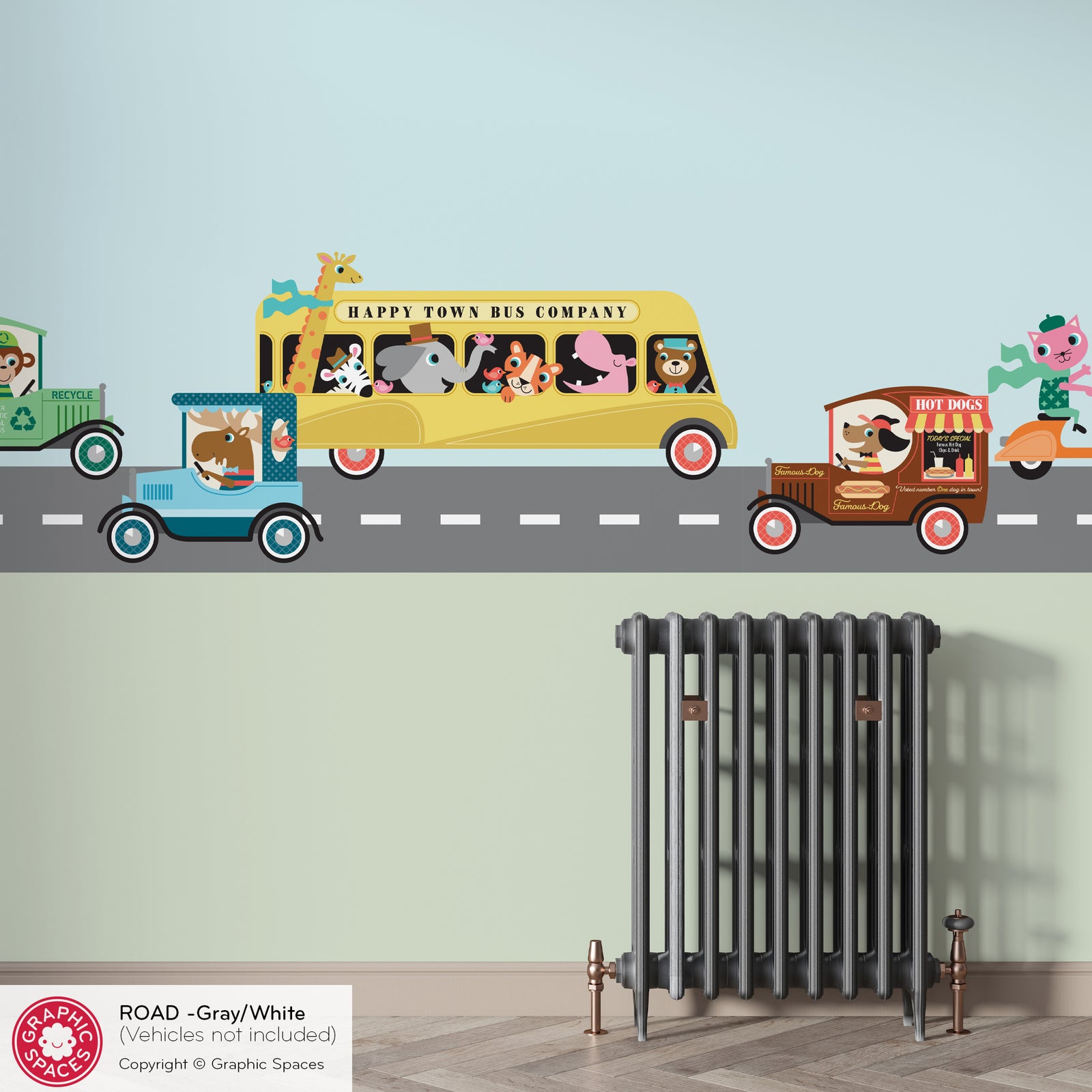 Happy Town grey road-border wall decal with animal school bus, vintage cars & scooter — vehicles shown for scale.