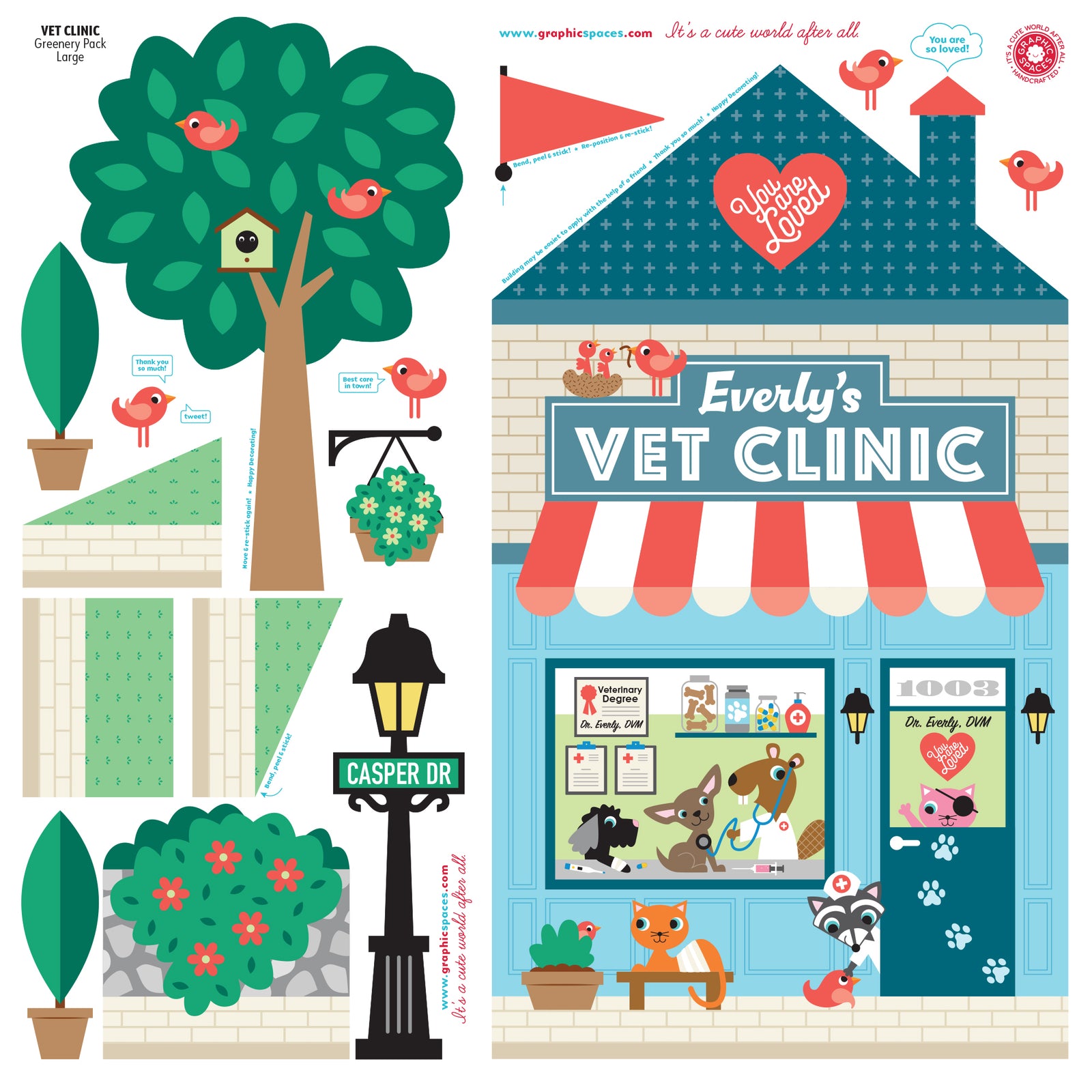 Happy Town Vet Clinic press sheet—personalised teal clinic facade, street-lamp sign, tree & modular greenery decal pieces.