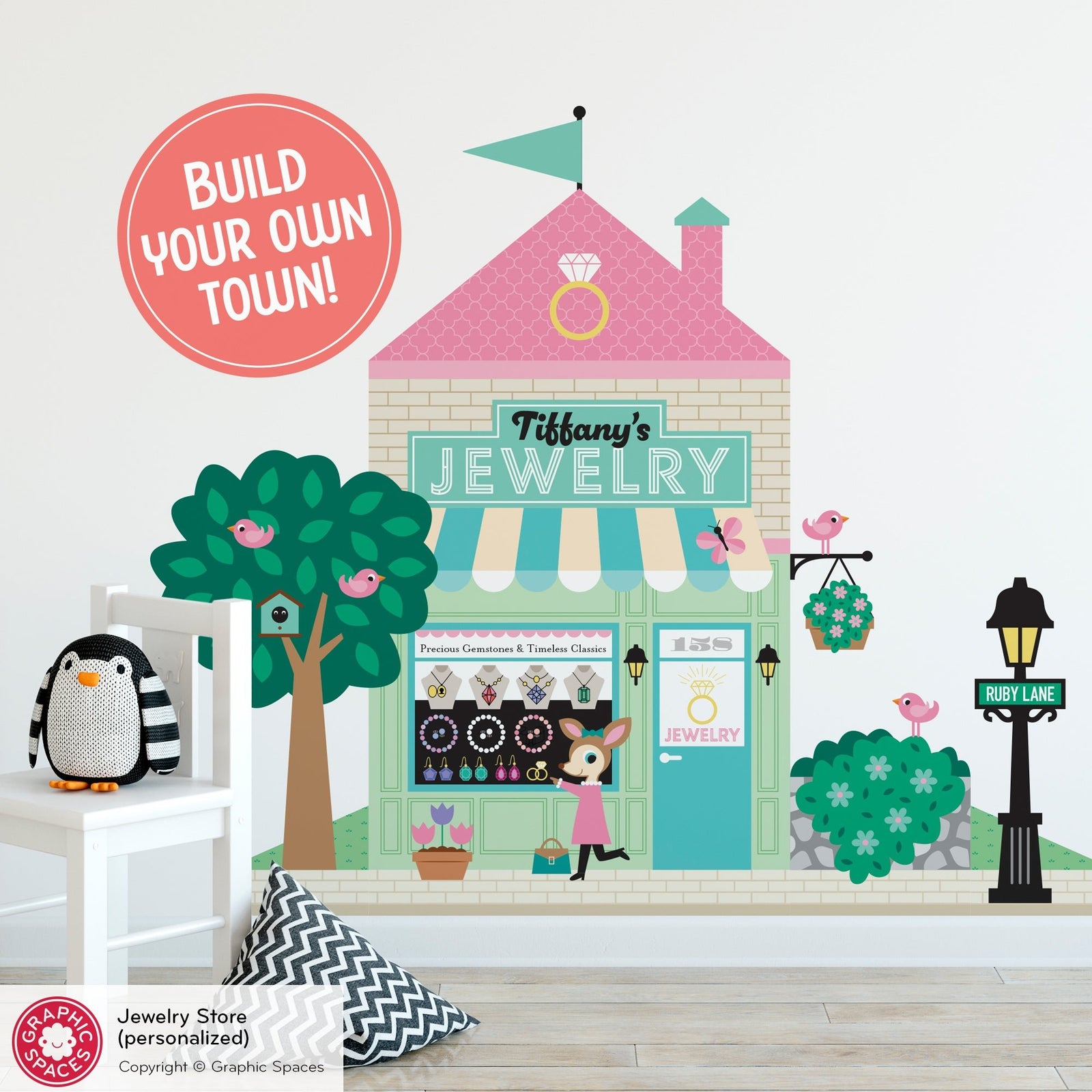 Kids Wall Decal - Happy Town Jewelry Shop (Personalized) - Graphic Spaces