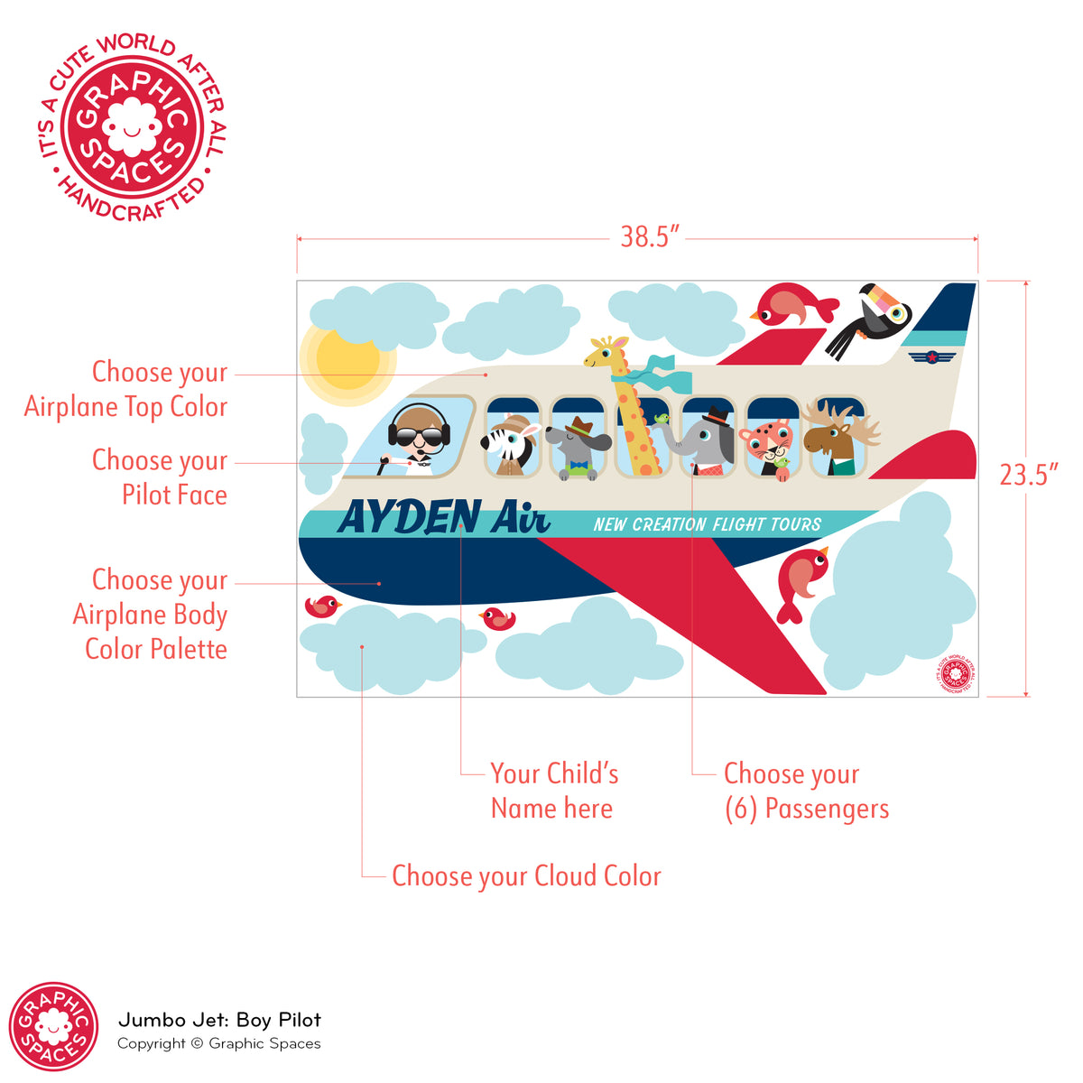 Wall Decal - Jumbo Jet &amp; Animal Passengers (Personalized, Boy)