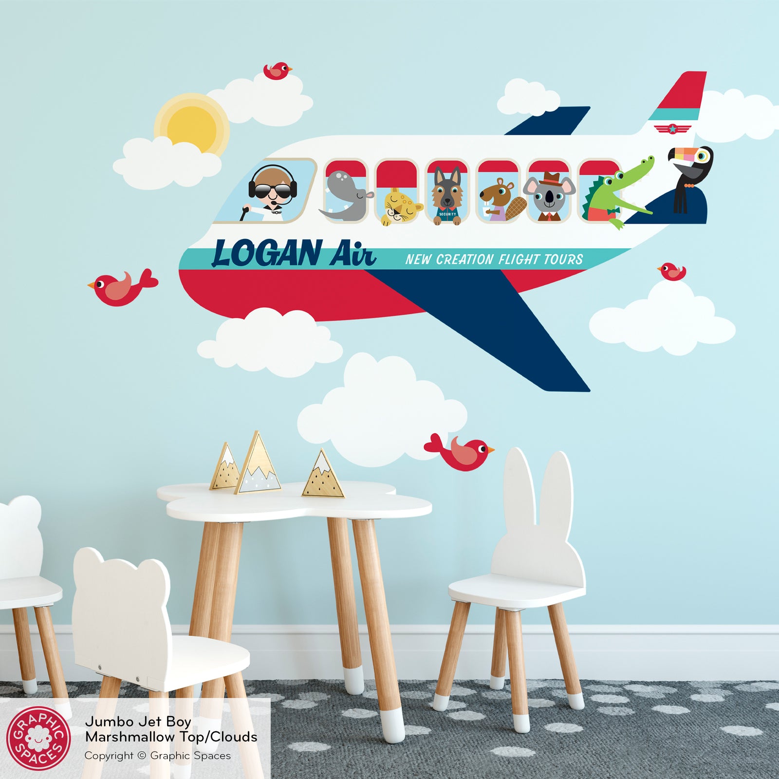 Kids Wall Decal - Jumbo Jet & Animal Passengers (Personalized, Boy) - Graphic Spaces