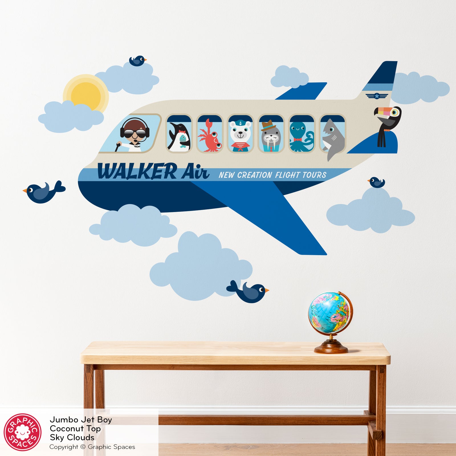 Kids Wall Decal - Jumbo Jet & Animal Passengers (Personalized, Boy) - Graphic Spaces