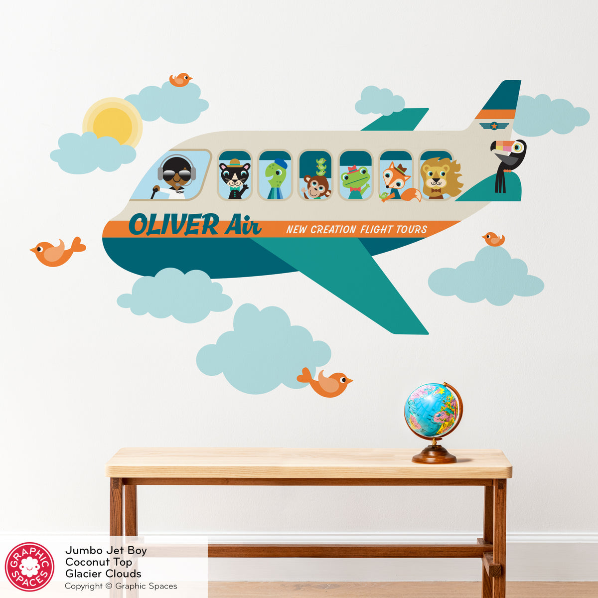 Wall Decal - Jumbo Jet &amp; Animal Passengers (Personalized, Boy)