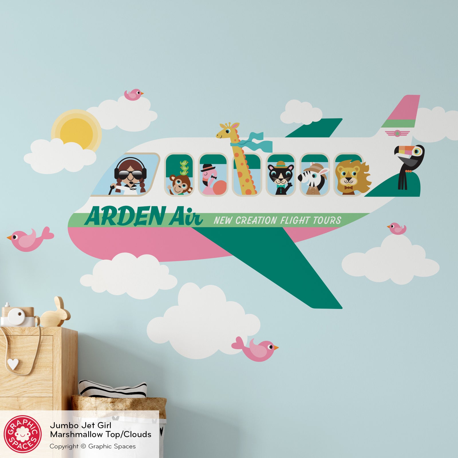 Kids Wall Decal - Jumbo Jet & Animal Passengers (Personalized, Girl) - Graphic Spaces