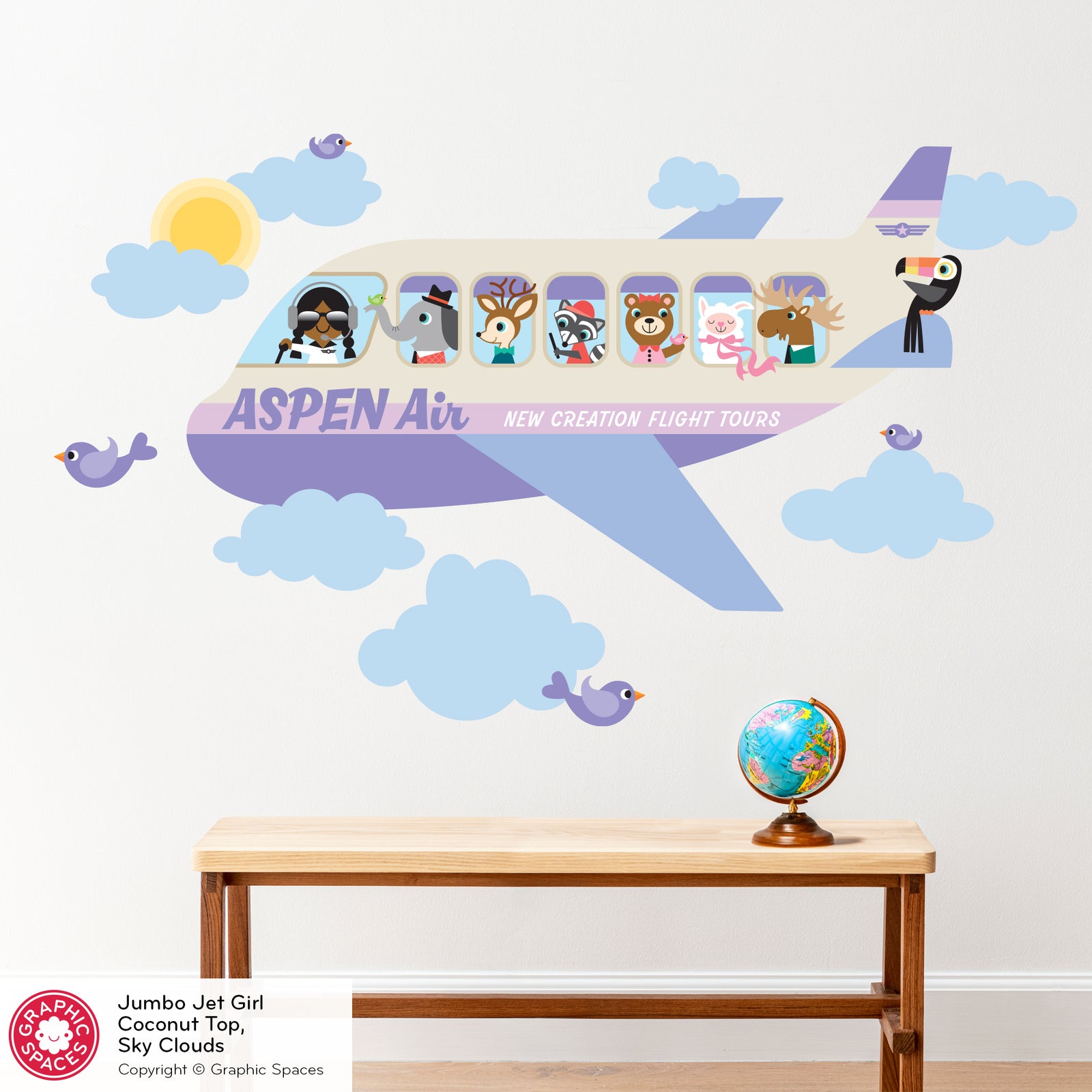Kids Wall Decal - Jumbo Jet & Animal Passengers (Personalized, Girl) - Graphic Spaces