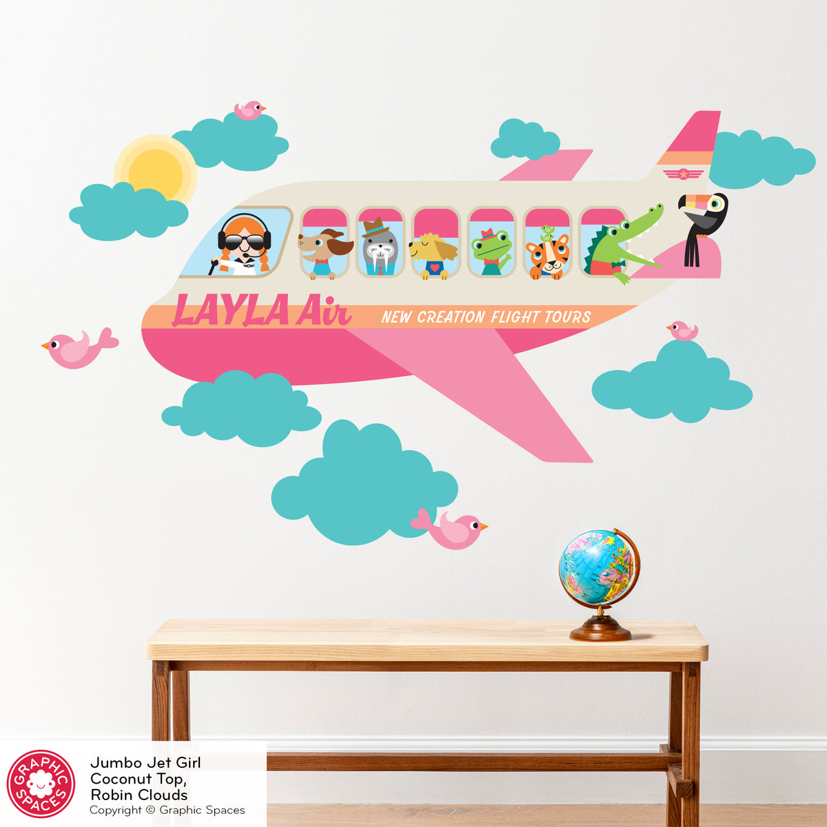 Wall Decal - Jumbo Jet &amp; Animal Passengers (Personalized, Girl)