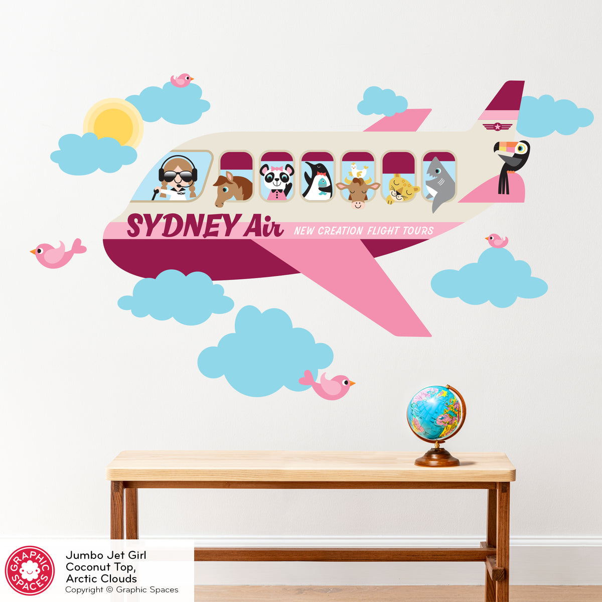 Wall Decal - Jumbo Jet &amp; Animal Passengers (Personalized, Girl)