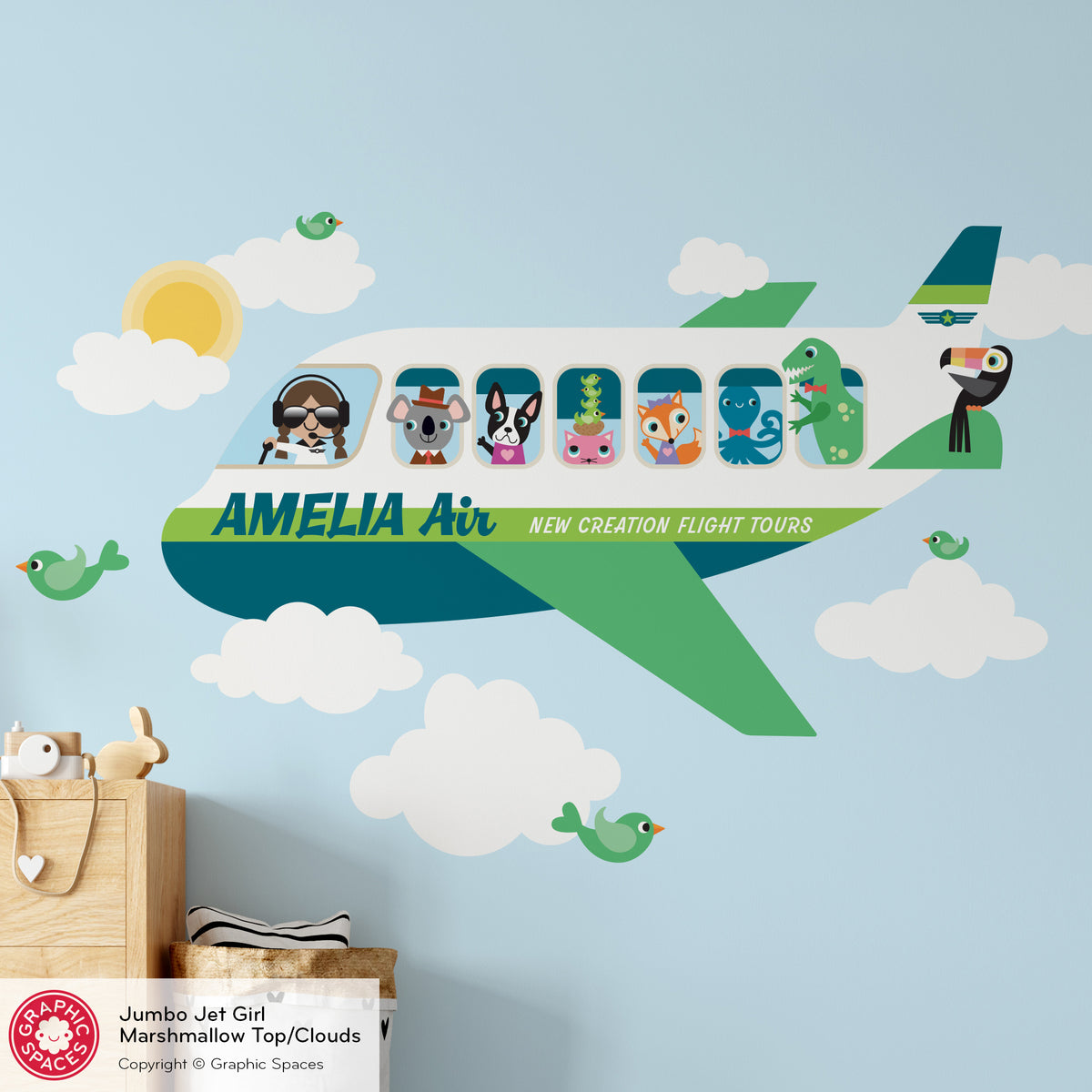Wall Decal - Jumbo Jet &amp; Animal Passengers (Personalized, Girl)