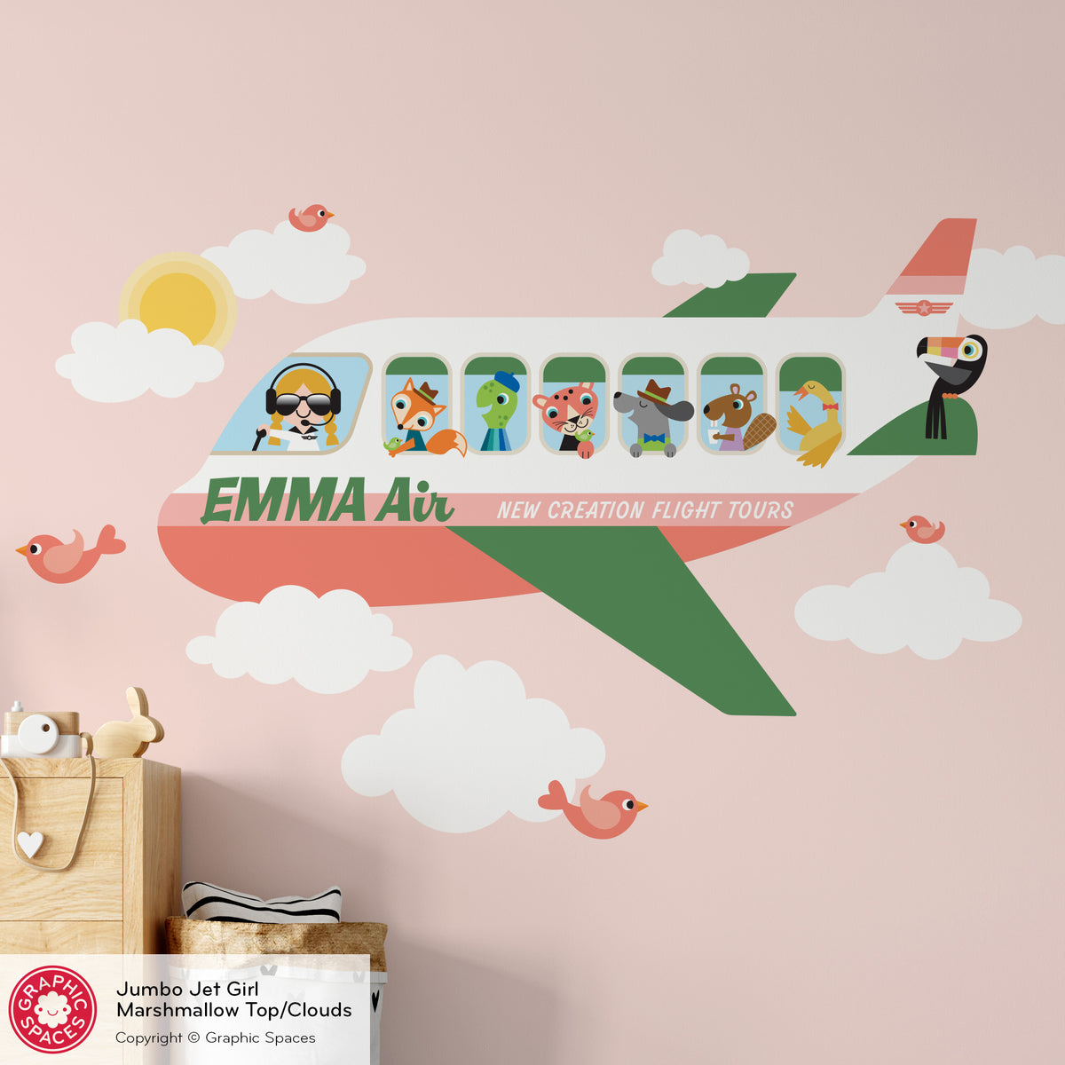 Wall Decal - Jumbo Jet &amp; Animal Passengers (Personalized, Girl)