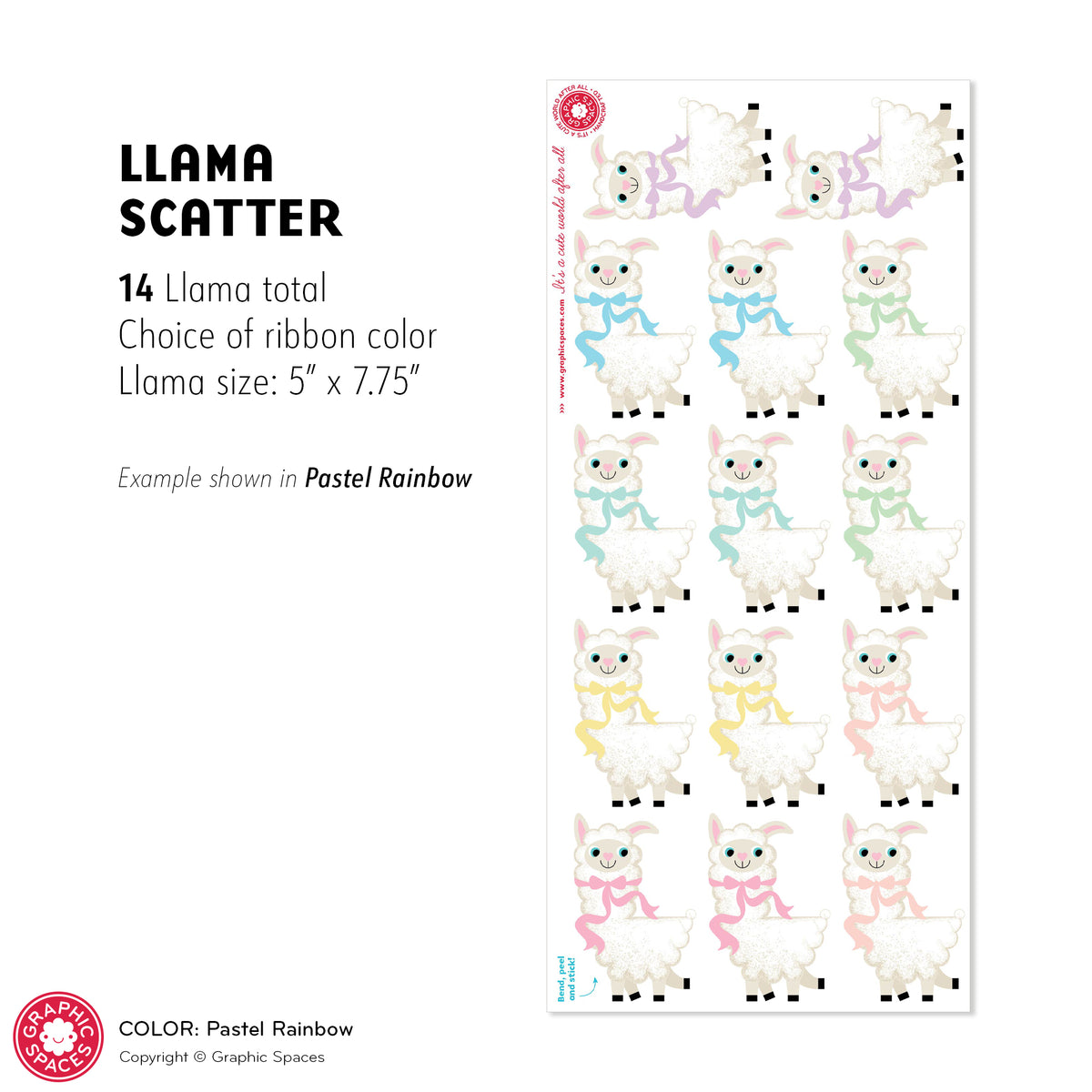 Llama Scatter Fabric Wall Decals - Pack of 14 - Pastel Rainbow