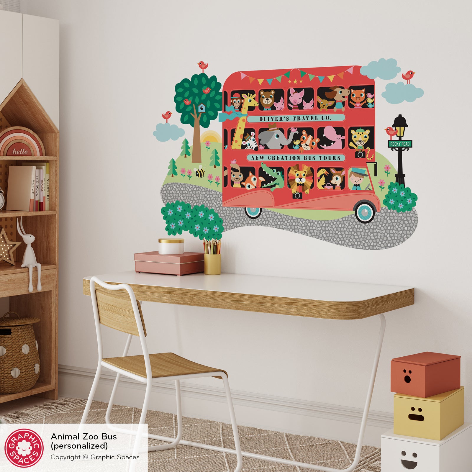 Kids Wall Decal - Animal Zoo London Bus (Personalized, Boy) - Graphic Spaces