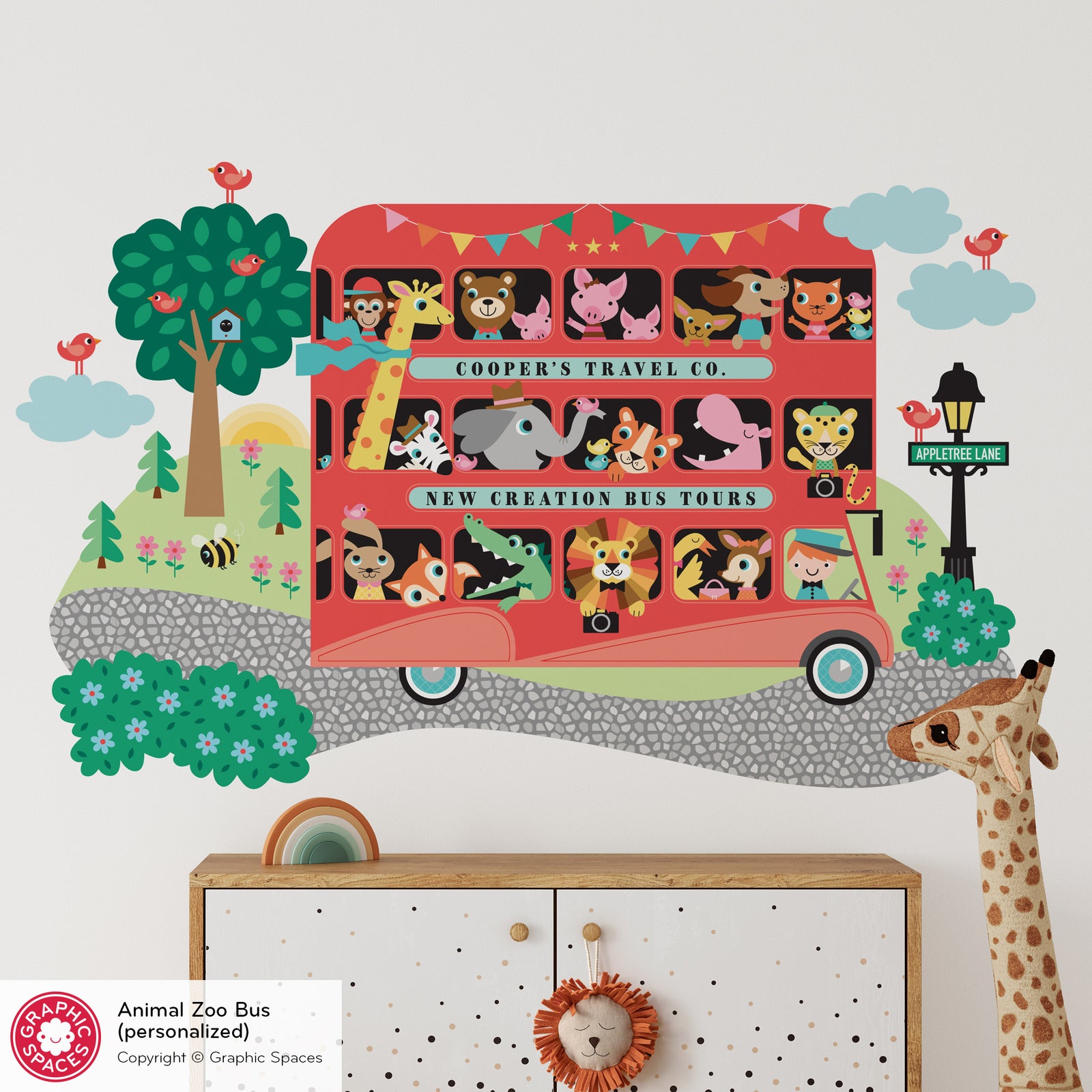 Kids Wall Decal - Animal Zoo London Bus (Personalized, Boy) - Graphic Spaces