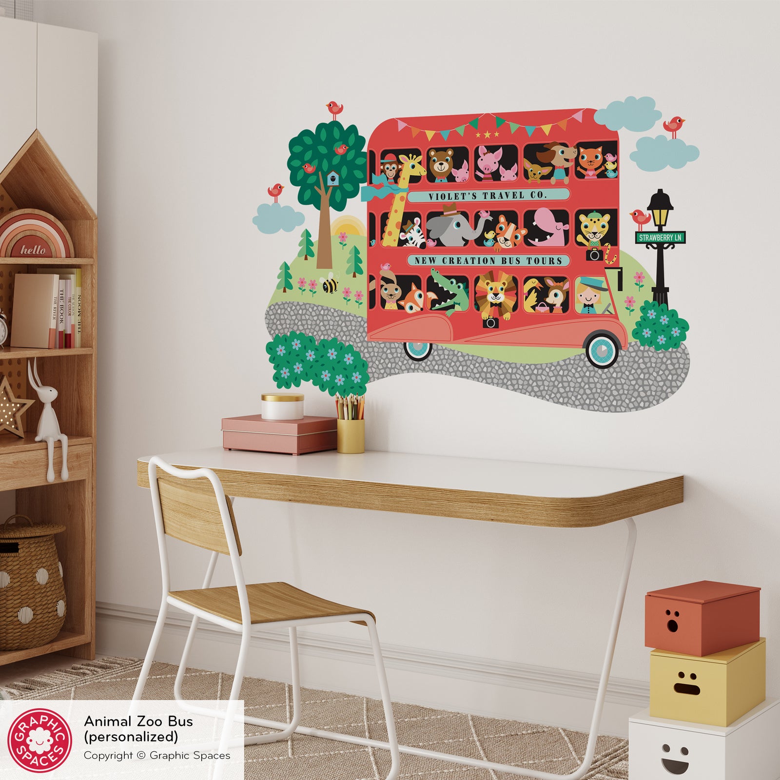 Kids Wall Decal - Animal Zoo London Bus (Personalized, Girl) - Graphic Spaces